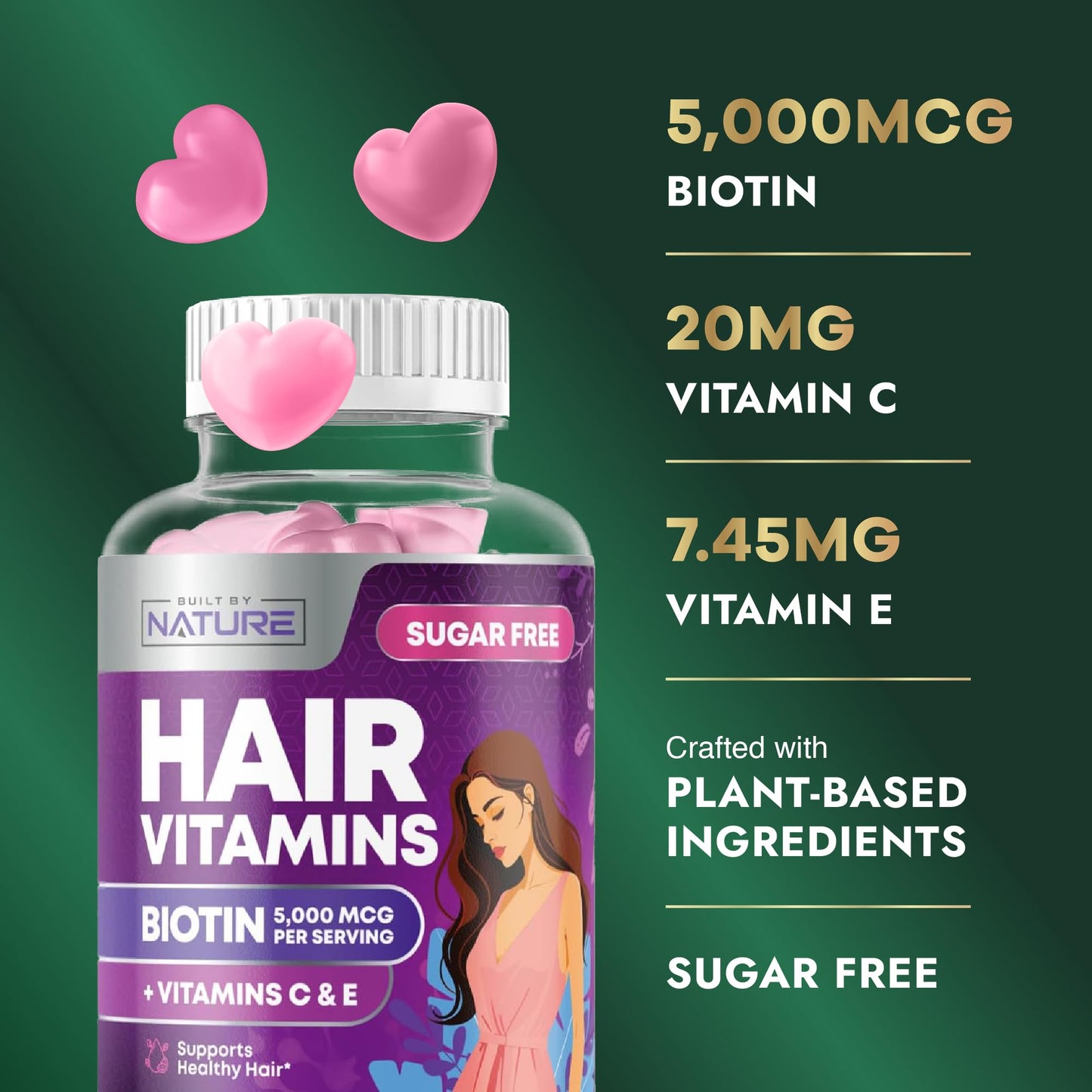 Built by Nature Hair Skin and Nails Vitamins – Hair Growth Gummies with Biotin for Women, Skin & Nail Support – 60 Gummies