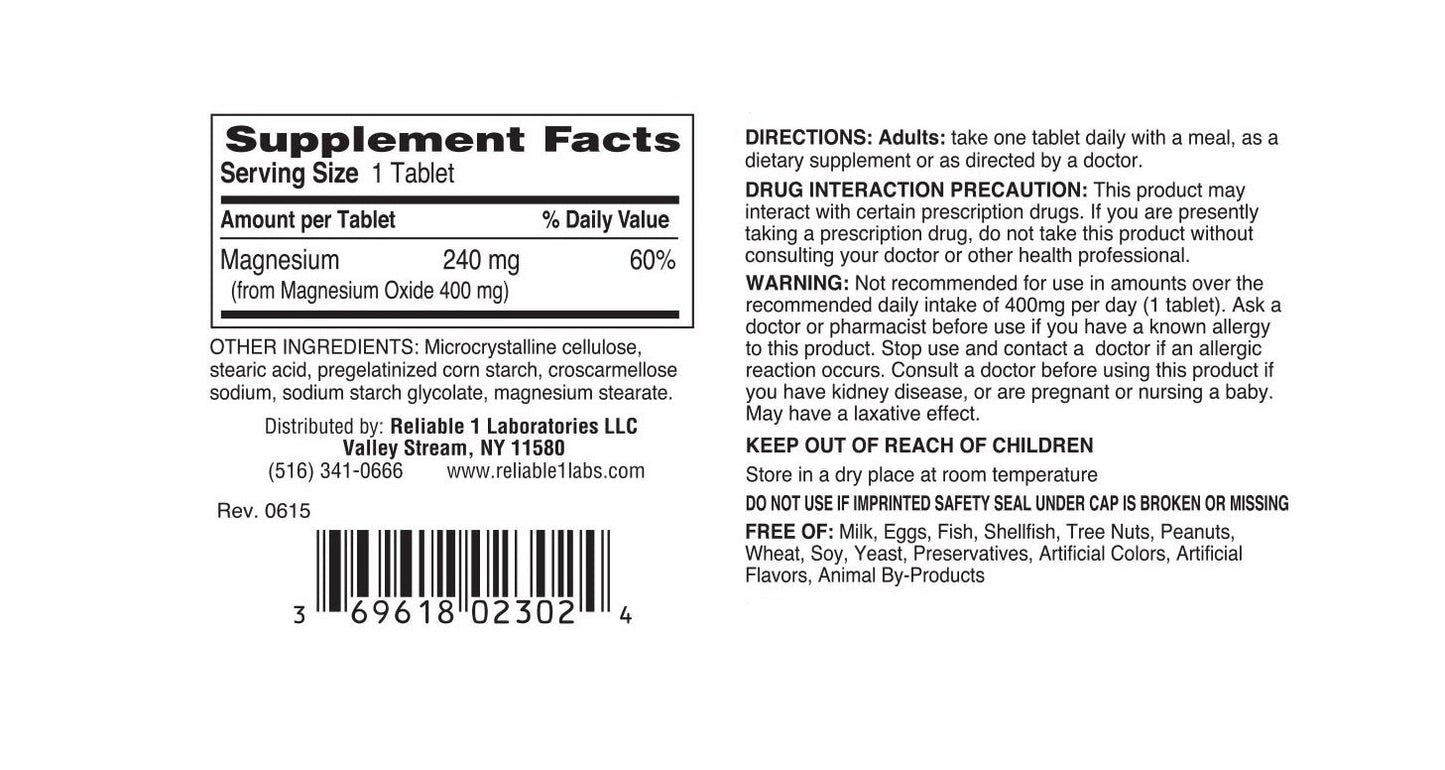 Reliable-1 Laboratories Magnesium Oxide 400 mg Dietary Supplement Tablets, 360 Tablets