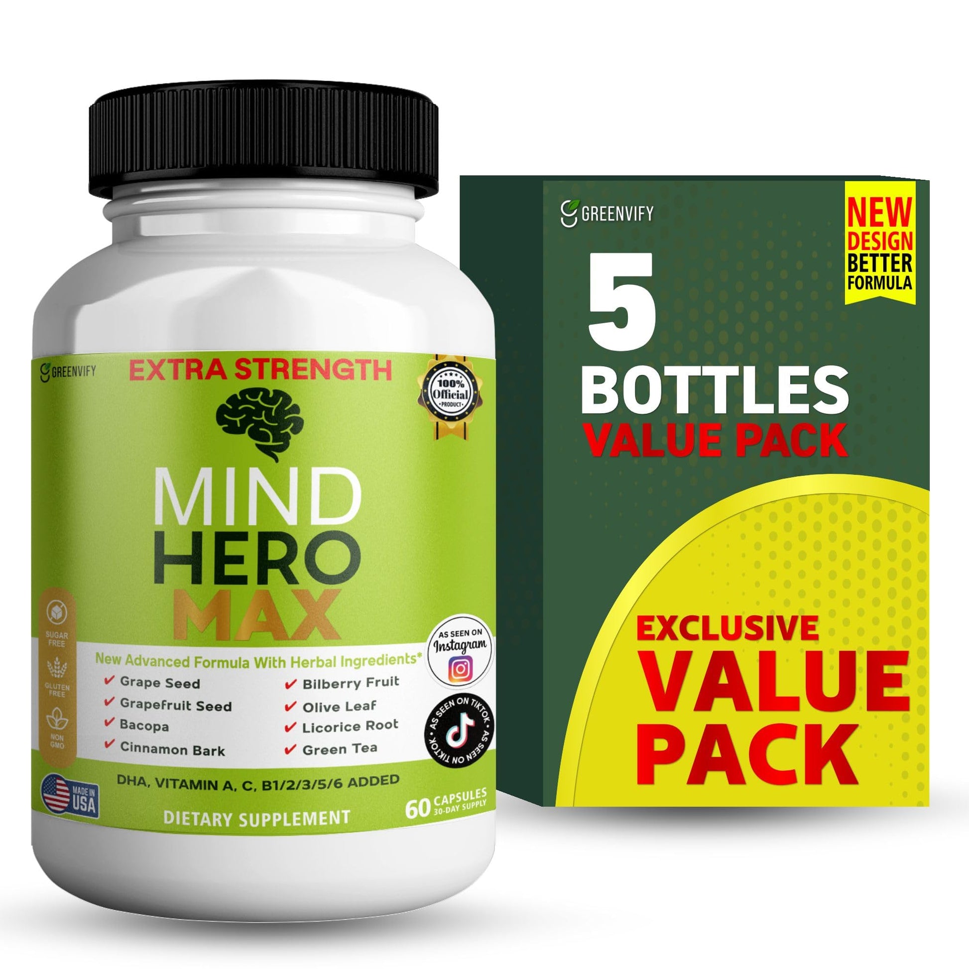 GREENVIFY Mind Hero Max Extra Strength Nootropic Supplement with Herbal Ingredients, 60 Capsules