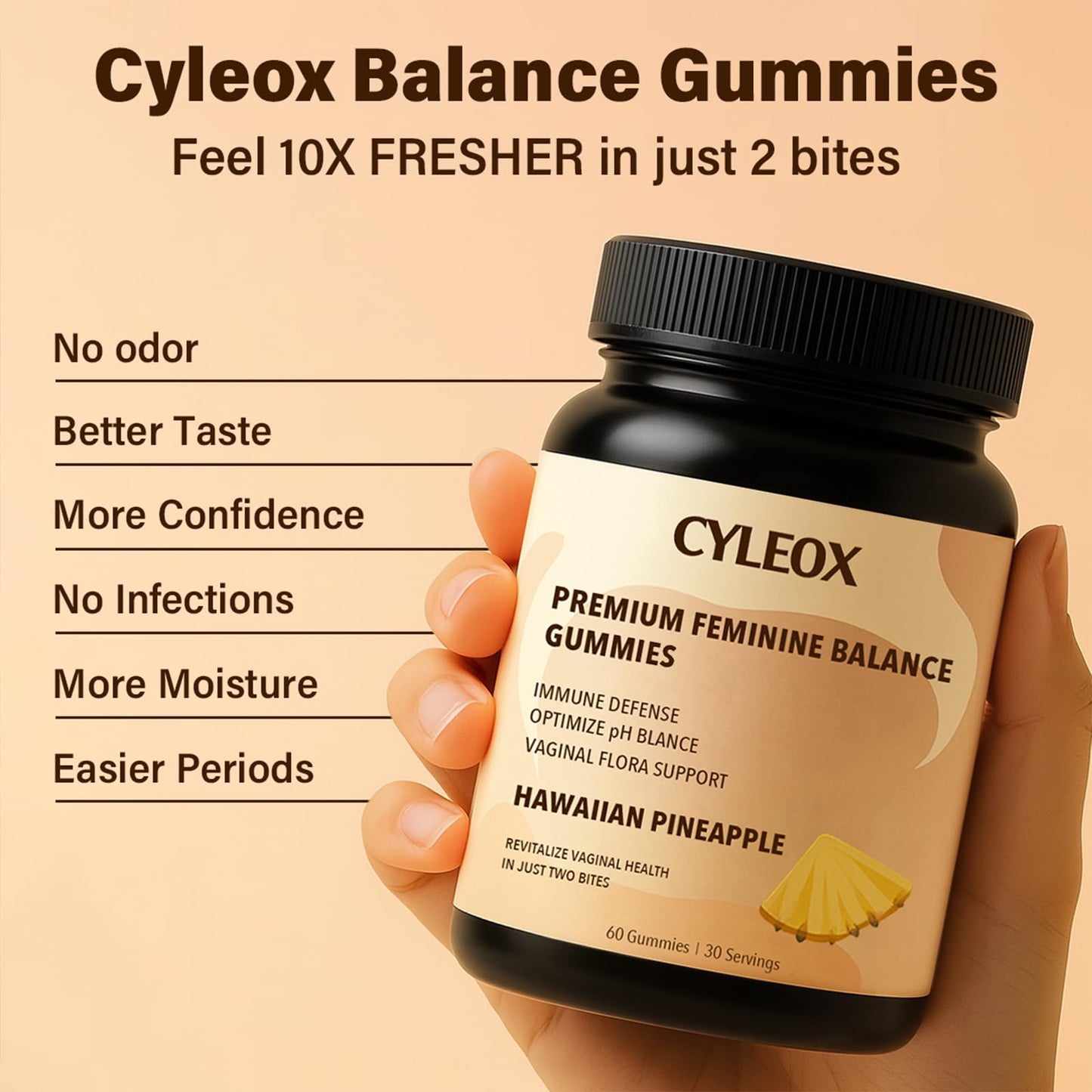 Cyleox Premium Balance Gummies - Pineapple Flavor, Probiotic Blend for Feminine Wellness, Digestive Support & Daily Balance, 60 Gummies