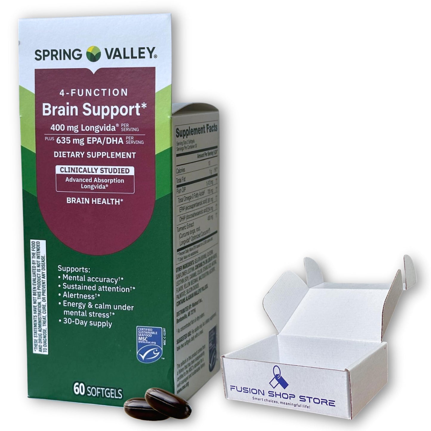 Fusion Shop Store Brain Support 4 Function- Supplement with Omega 3 Turmeric Softgels, 60 Count