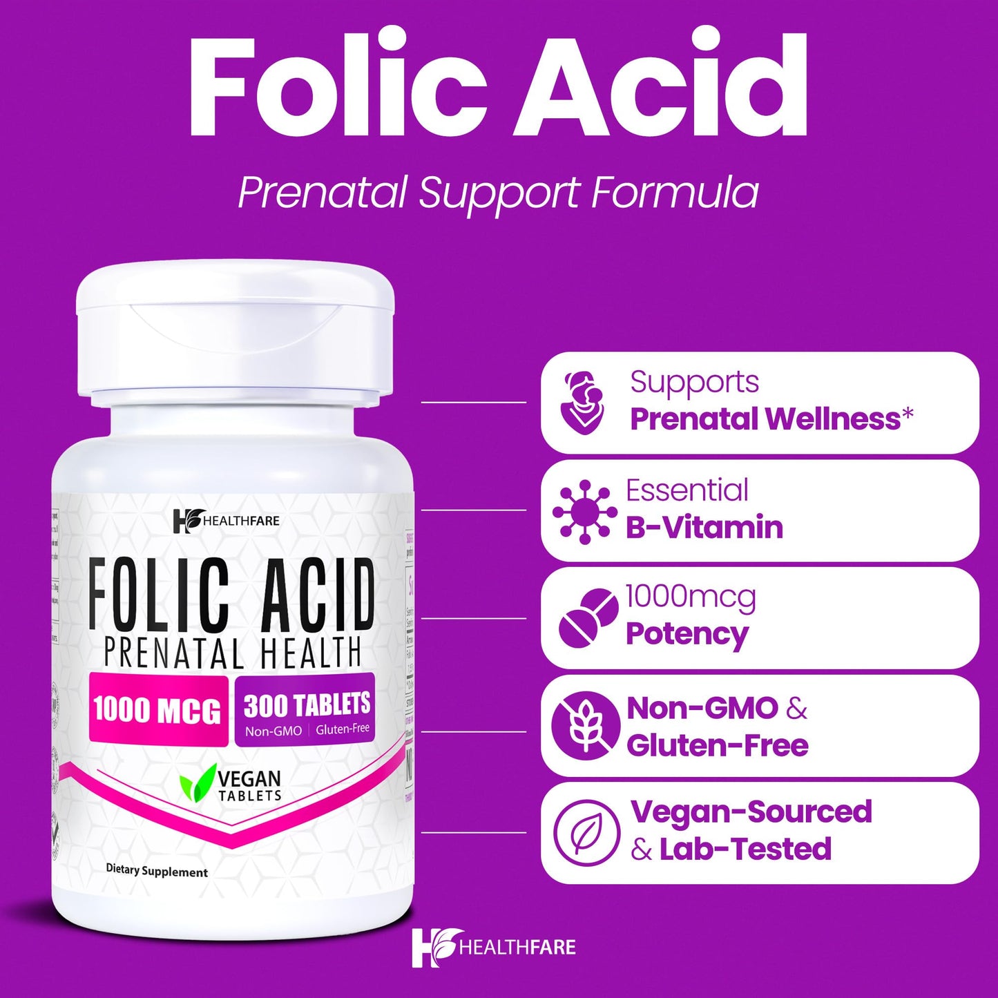 Healthfare Folic Acid 1000mcg Tablet 300 Count
