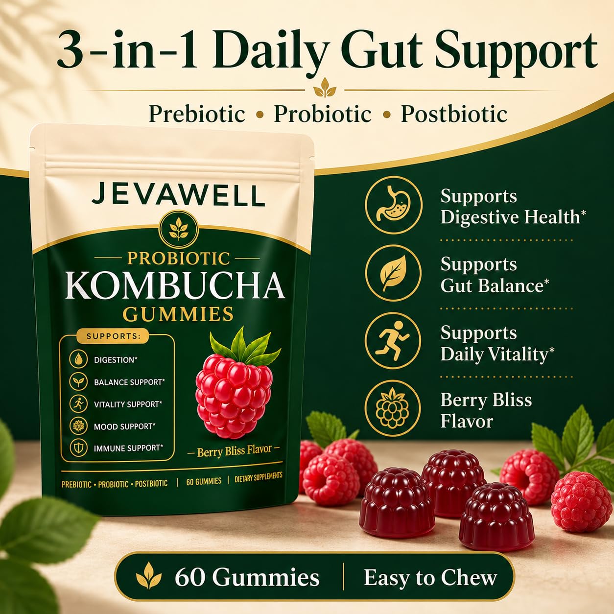 IRMI Jevawell Probiotic Kombucha Gummies, 60 Count