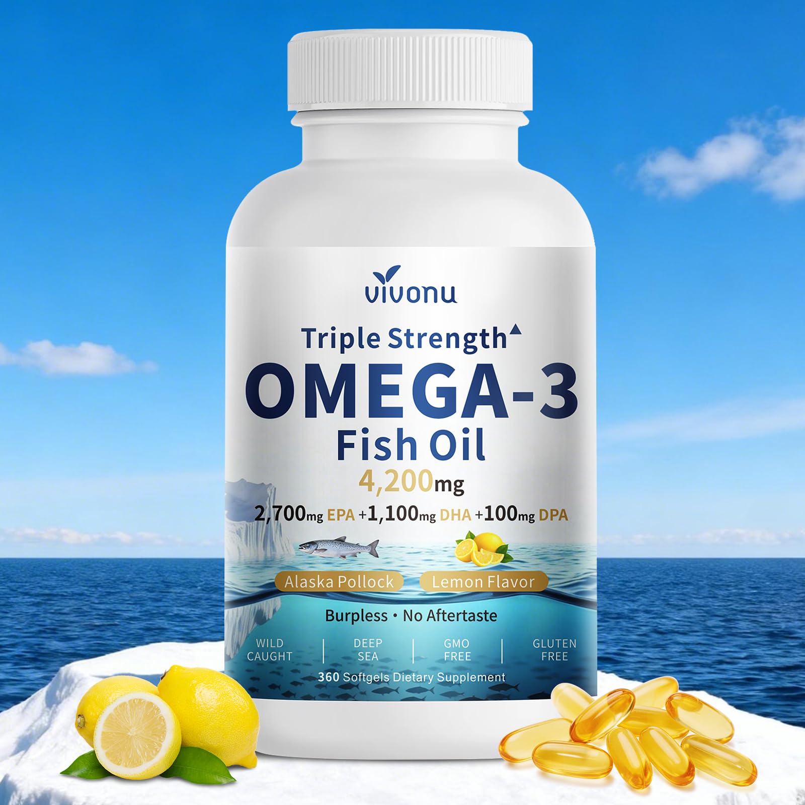 VivoNu Triple Strength Omega 3 Fish Oil 4200mg Softgels, 360 Count