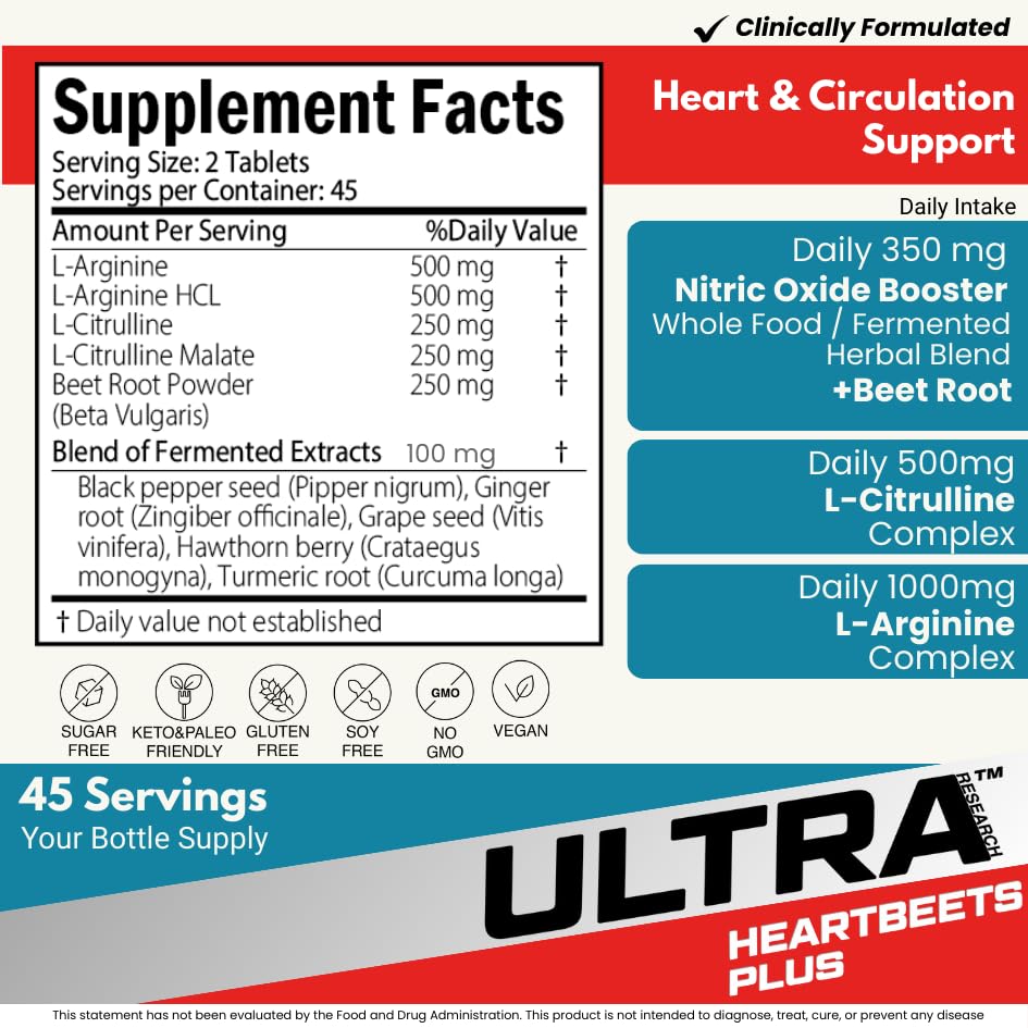 Ultra Research HeartBeets Plus Beet Root, L-Arginine, L-Citrulline, 10-in-1 Circulation Formula - Nitric Oxide Booster, Cardiovasular and Heart Health Supplement, 90 Tablets