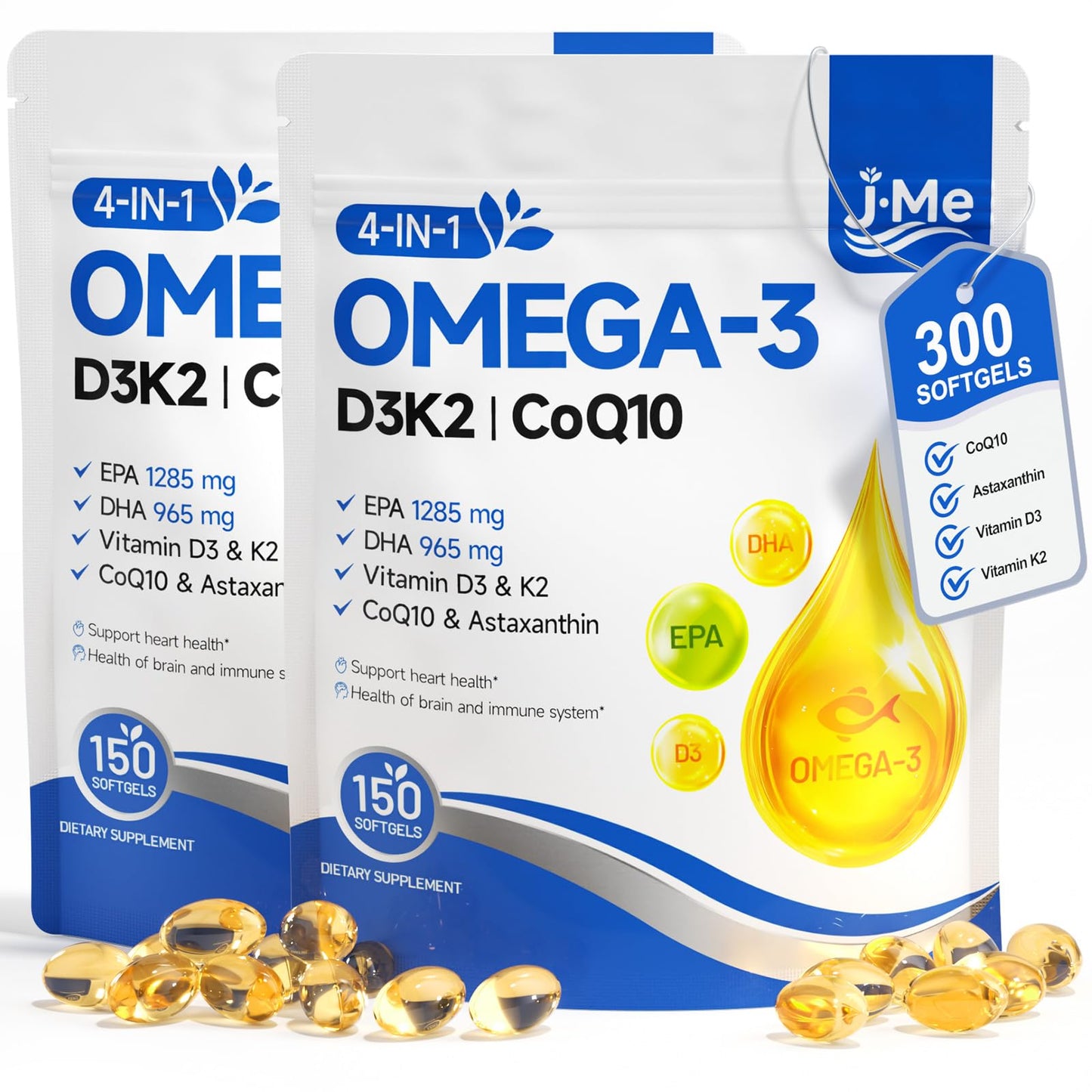 JME Omega-3 Fish Oil Softgels 2500mg EPA/DHA + Vitamin D3 K2, CoQ10 & Astaxanthin, Lemon Flavor, 300 Softgels