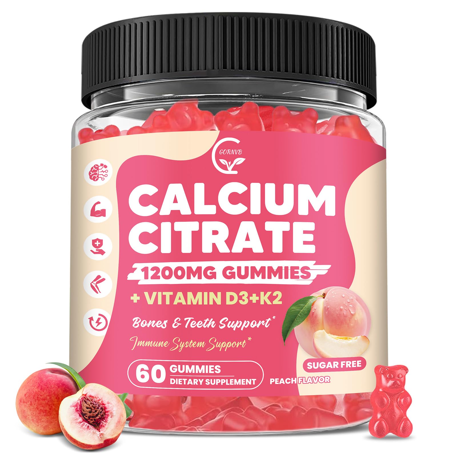 GORNVB Calcium Citrate Gummies 1200 mg with Vitamin D3, K2, Vegan, 60 Gummies