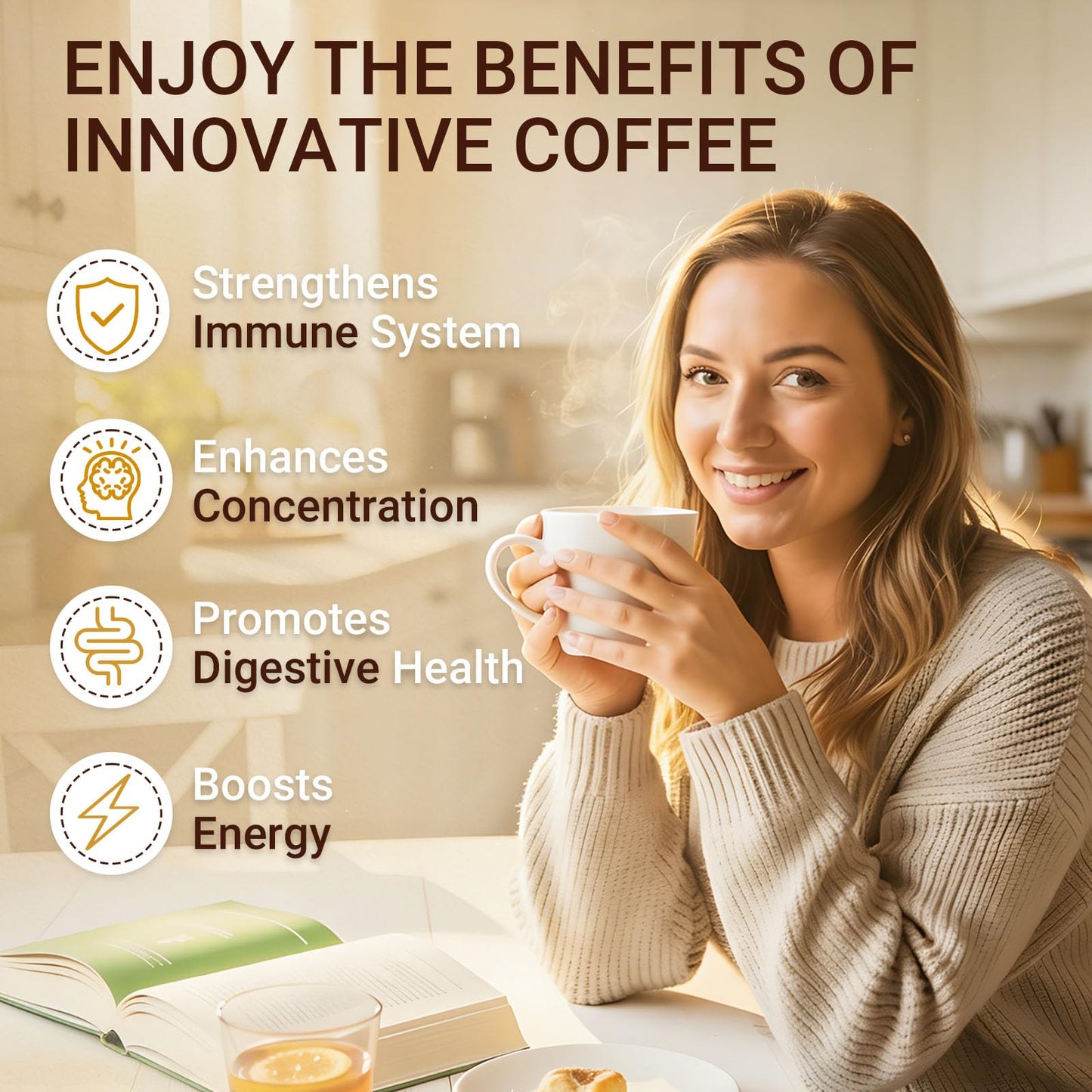 Buporai Mushroom Coffee, Instant Organic 6-Mushroom Blend (Lion’s Mane, Cordyceps, Turkey Tail) for Energy, Focus, Digestion, Immunity Powder 7.4 Ounce