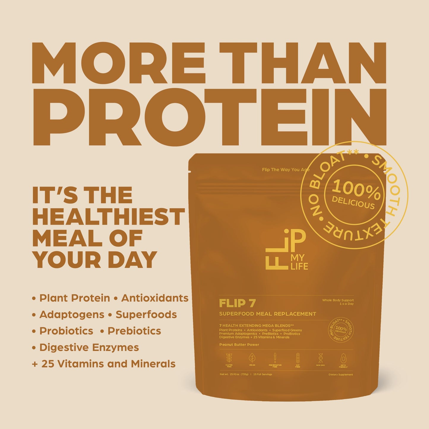 Flip My Life Flip 7 Natural SuperFood Plant-Based Protein Powder Complete Meal Replacement, Peanut Butter, 25.92 oz