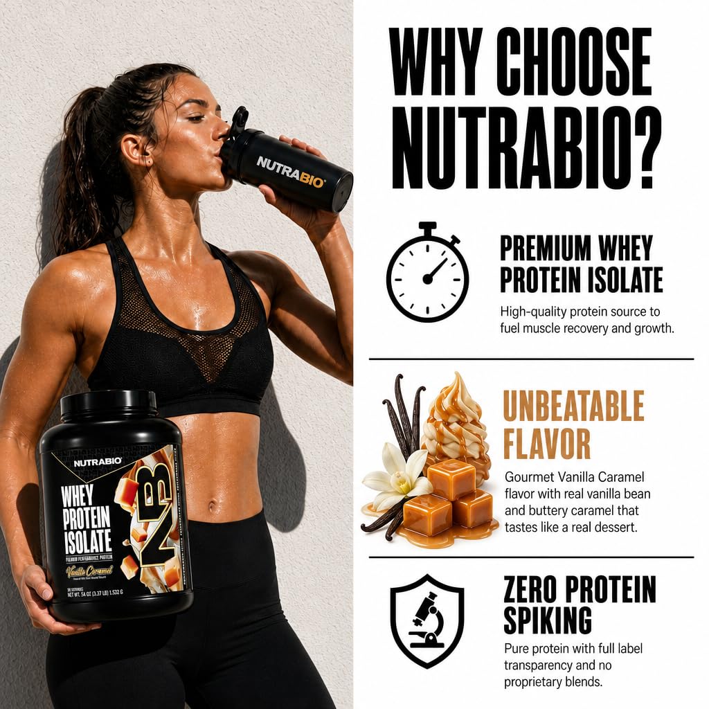 NutraBio 100% Whey Protein Isolate Protein Powder, Vanilla Caramel, 54 Servings