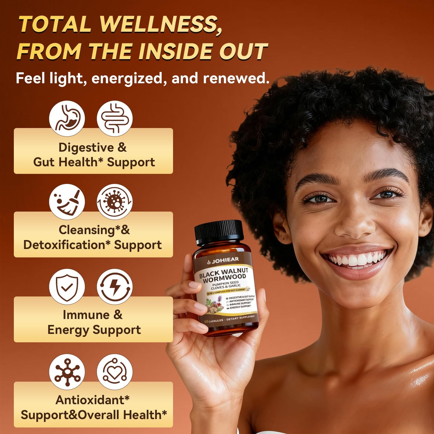 Johiear 20 in 1 Wormwood Black Walnut Clove Cleanse for Humans Detox & Digestive Health Capsules, 60 Count