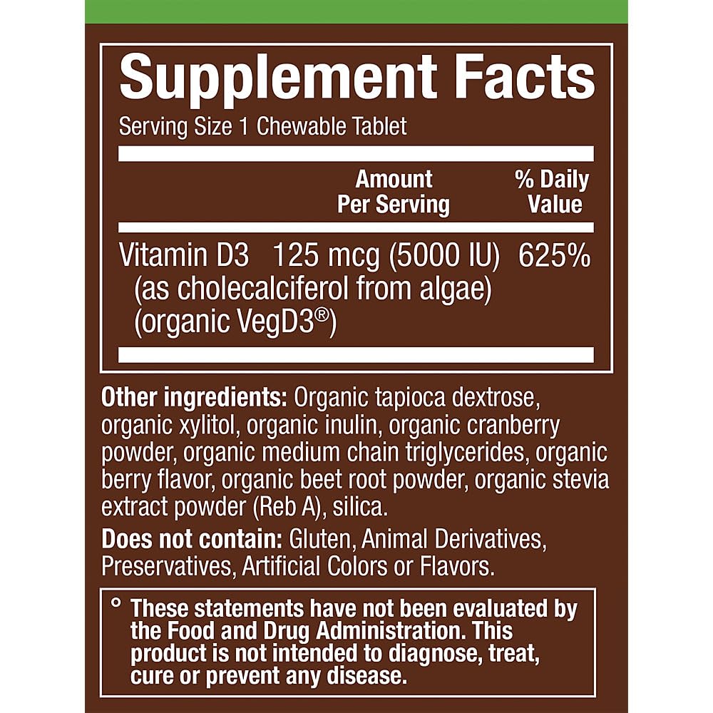 plnt Organic Vitamin D3 125 mcg (5,000 IU) Whole Food Vitamin A Mixed Berry Chewable Tablets, 30
