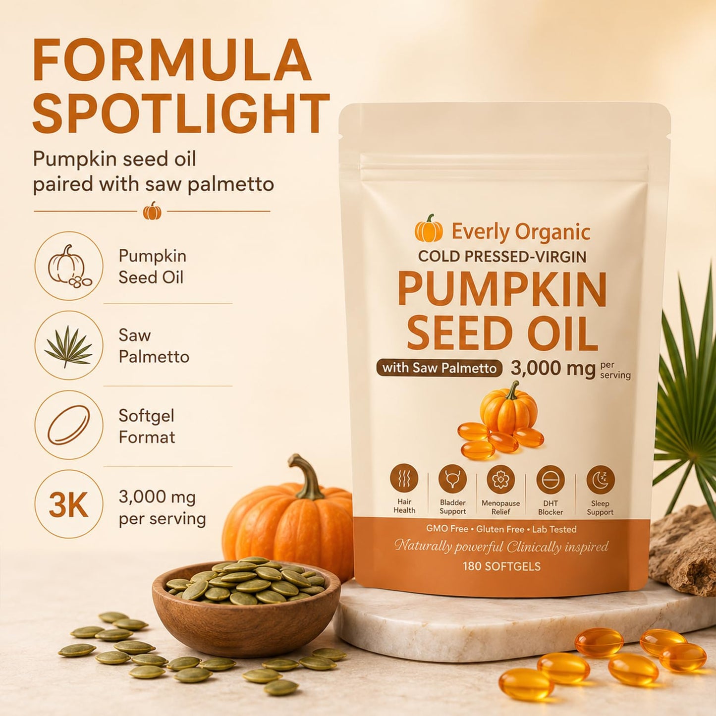 Everly Organic Pumpkin Seed Oil with Saw Palmetto Softgels, 180-count