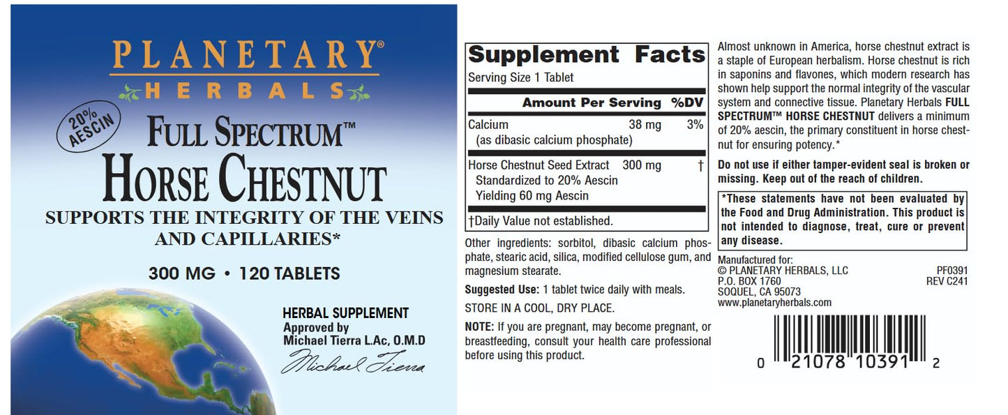 Planetary Herbals Full Spectrum Horse Chestnut 500 mg Tablets, 120 Count