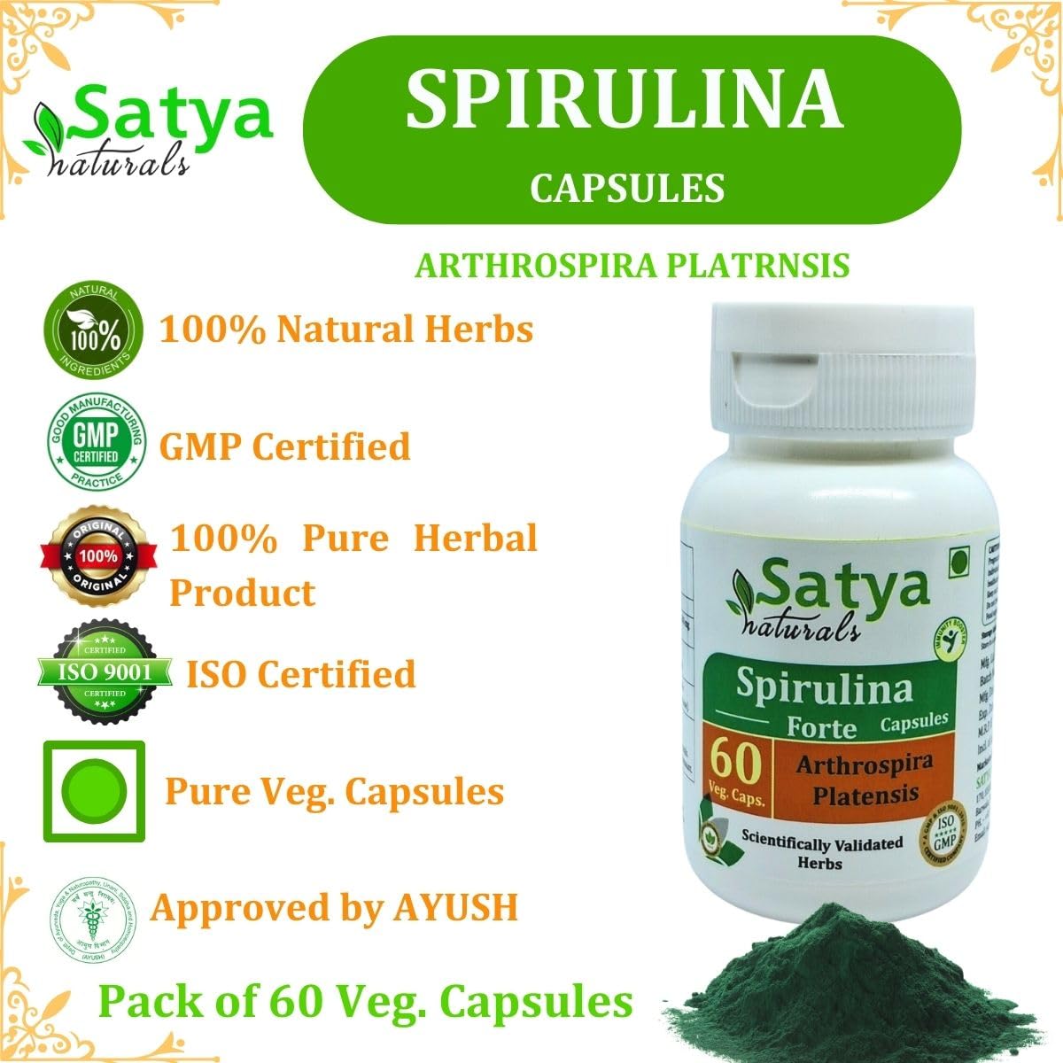 Satya Naturals Spirulina Forte 500 mg Capsule 60 Count