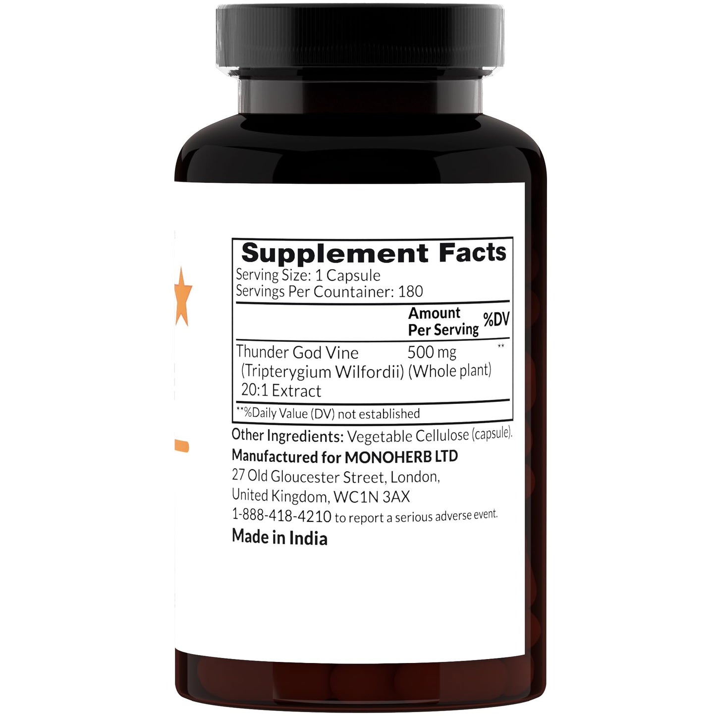 MONOHERB Thunder God Vine 20:1 Root Extract 500 mg, 180 Capsules