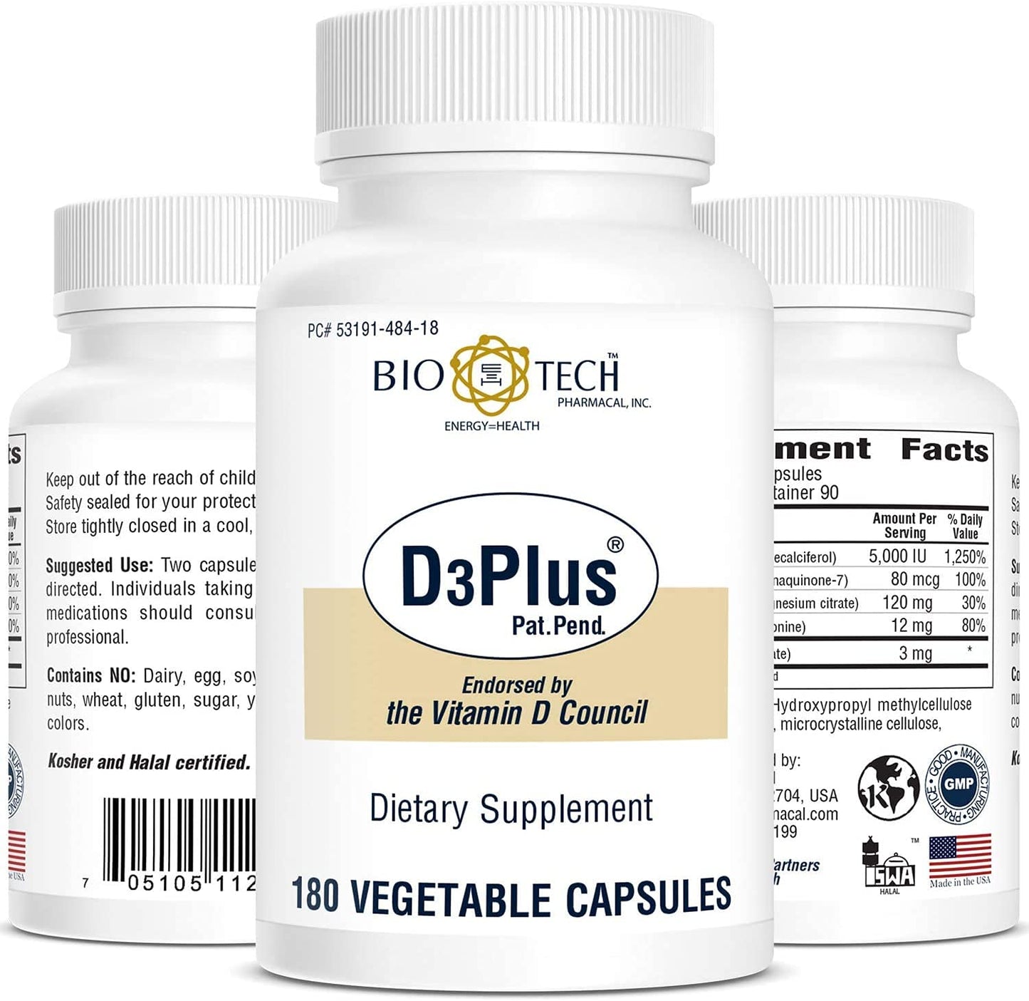 Bio-Tech Pharmacal D3Plus 180 Vegetable Capsules