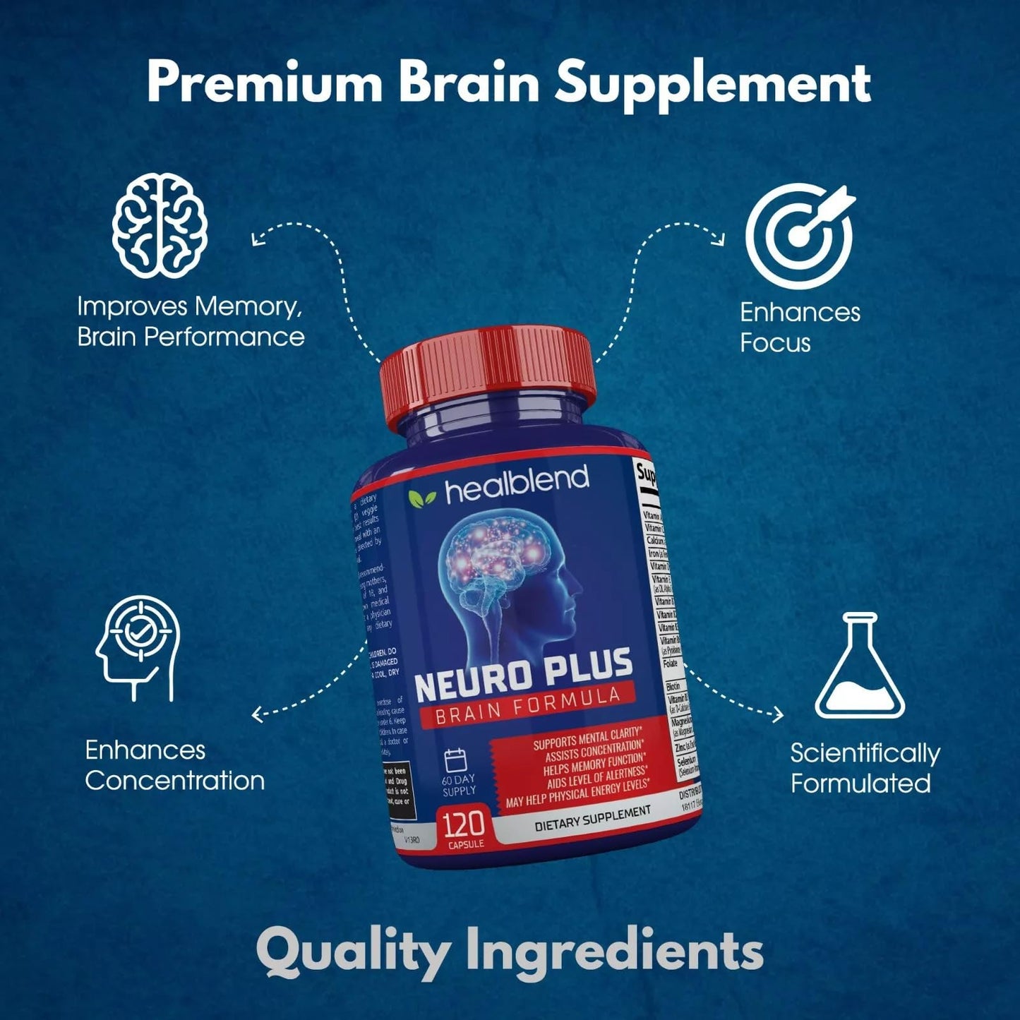 healblend Neuro Plus Brain & Focus Formula - Brain Booster Supplement, Supports Mental Clarity & Focus - Enhances Concentration & Mental Energy, 3 Capsules