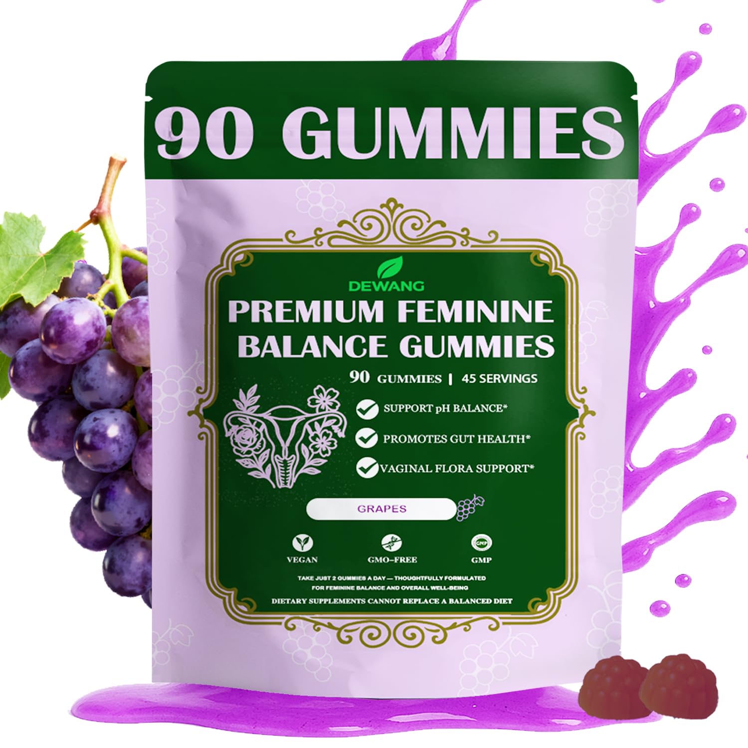 DEWANG Premium Feminine Balance Gummies for Women’s Immune Support & PH Balance, Vegan, Gluten-Free, Grapes Flavor, 90 Gummies