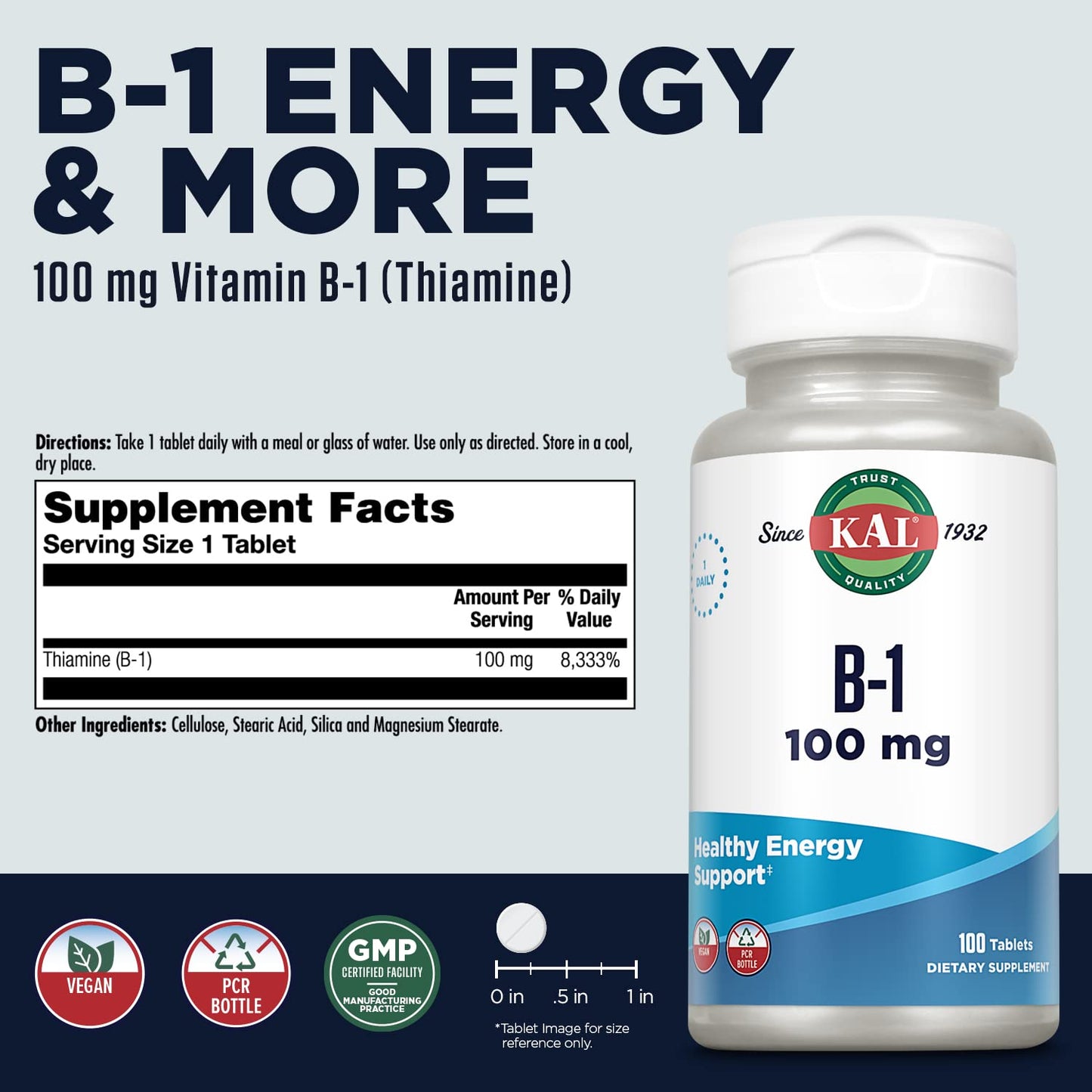 KAL Vitamin B1 100 mg Thiamine Supplement Tablet, 100 Tablets