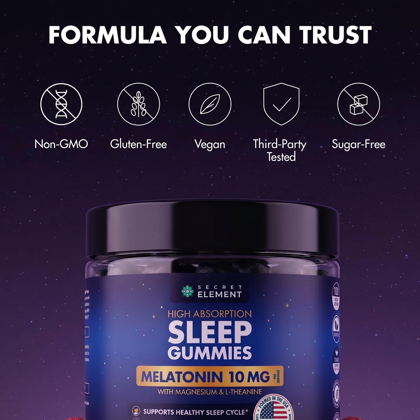 Secret Element Sleep Gummies Nighttime Relaxation & Sleep Cycle Support with Melatonin 10 mg, Magnesium & L-Theanine – Vegan, Sugar Free, Non-GMO – Raspberry, 120 Gummies