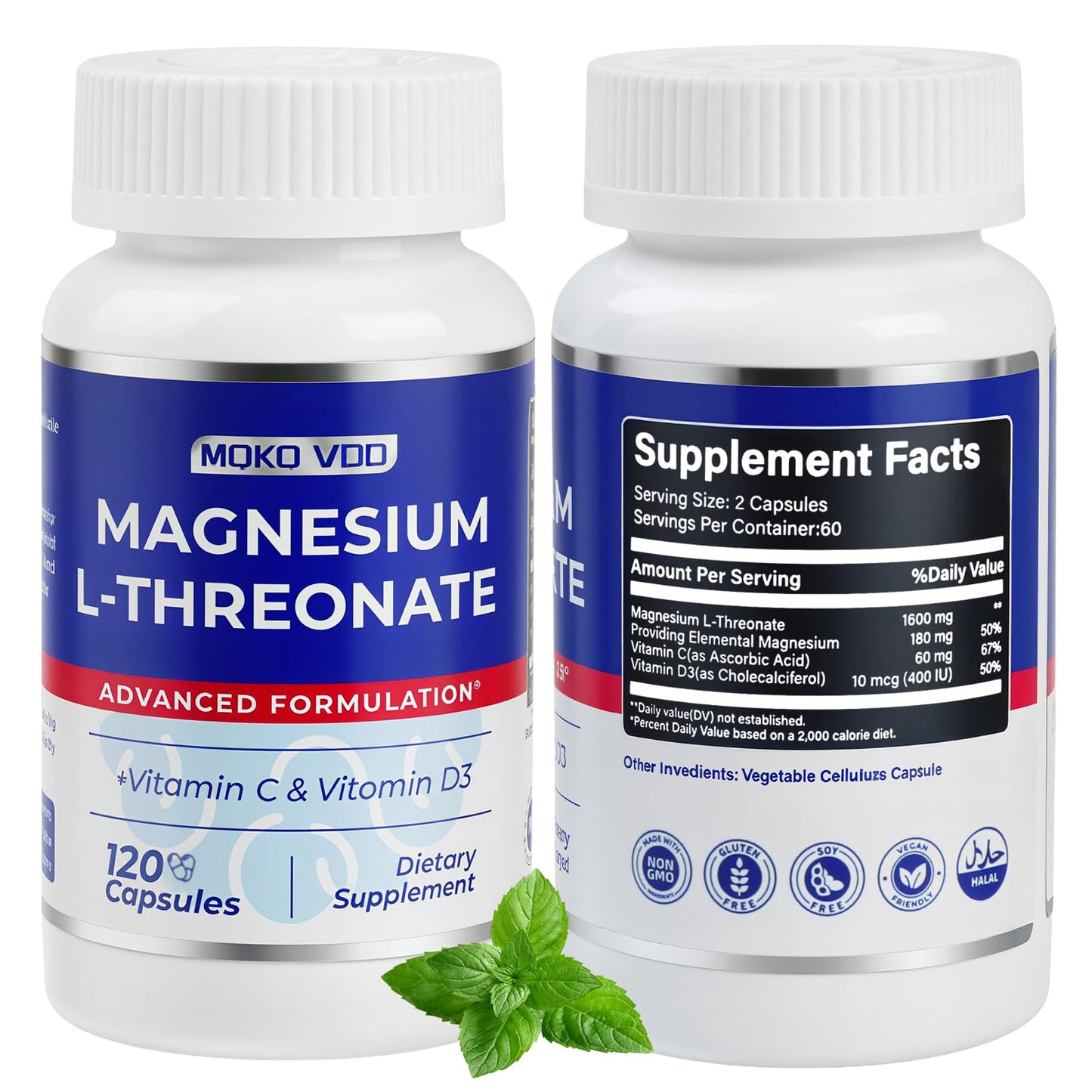 MQKQ VDD Magnesium L-Threonate Vitamin C & D3 Capsules 120 Count
