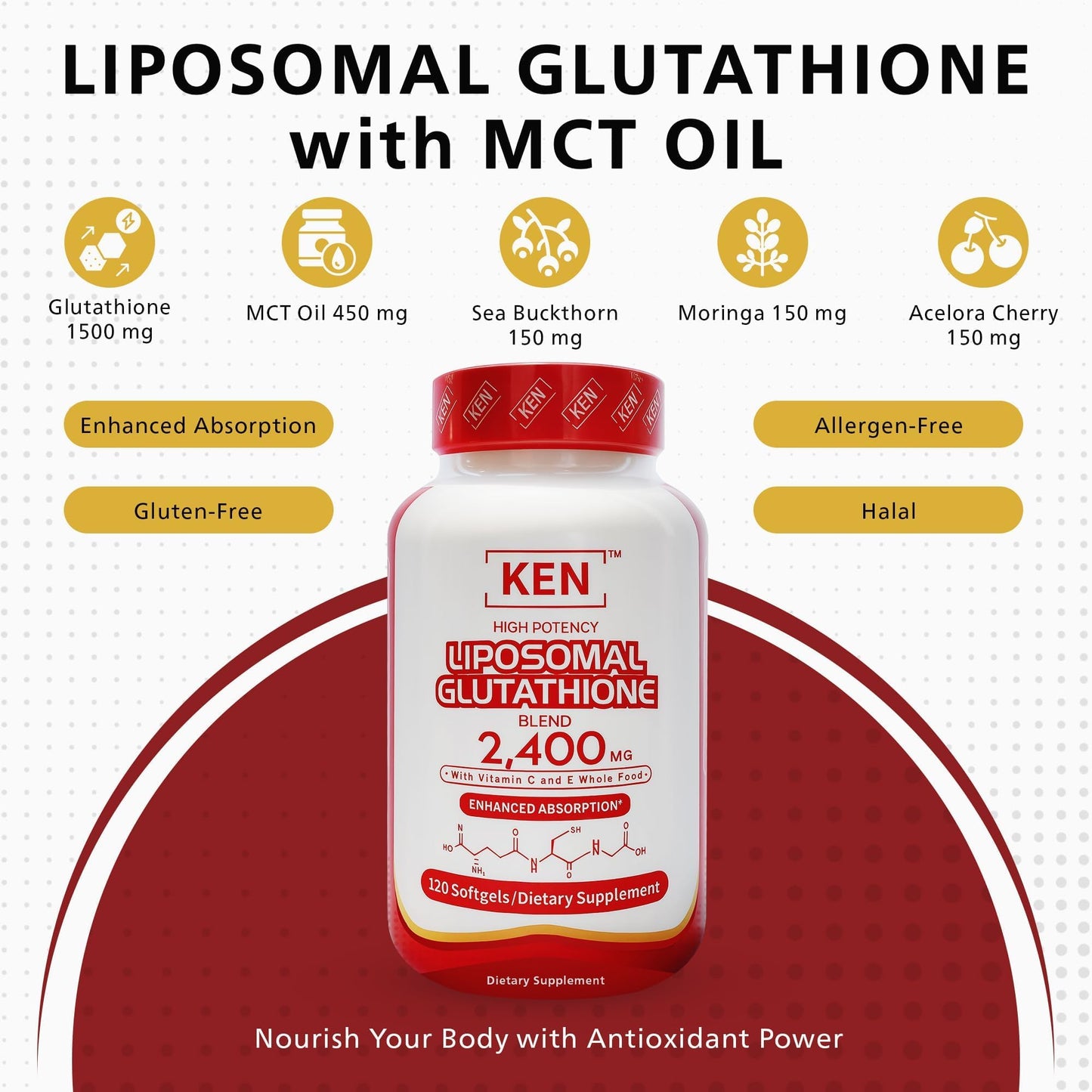 KEN Liposomal Glutathione with MCT Oil, 2400mg Blend, Vitamin C&E, Halal Softgel 120 Count