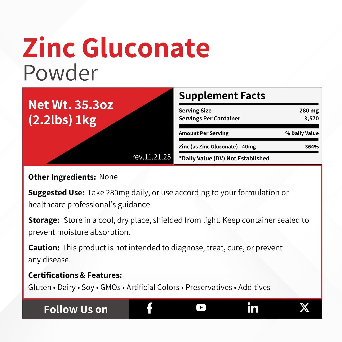 Vivion Zinc Gluconate Powder USP Grade 35.2 Ounce