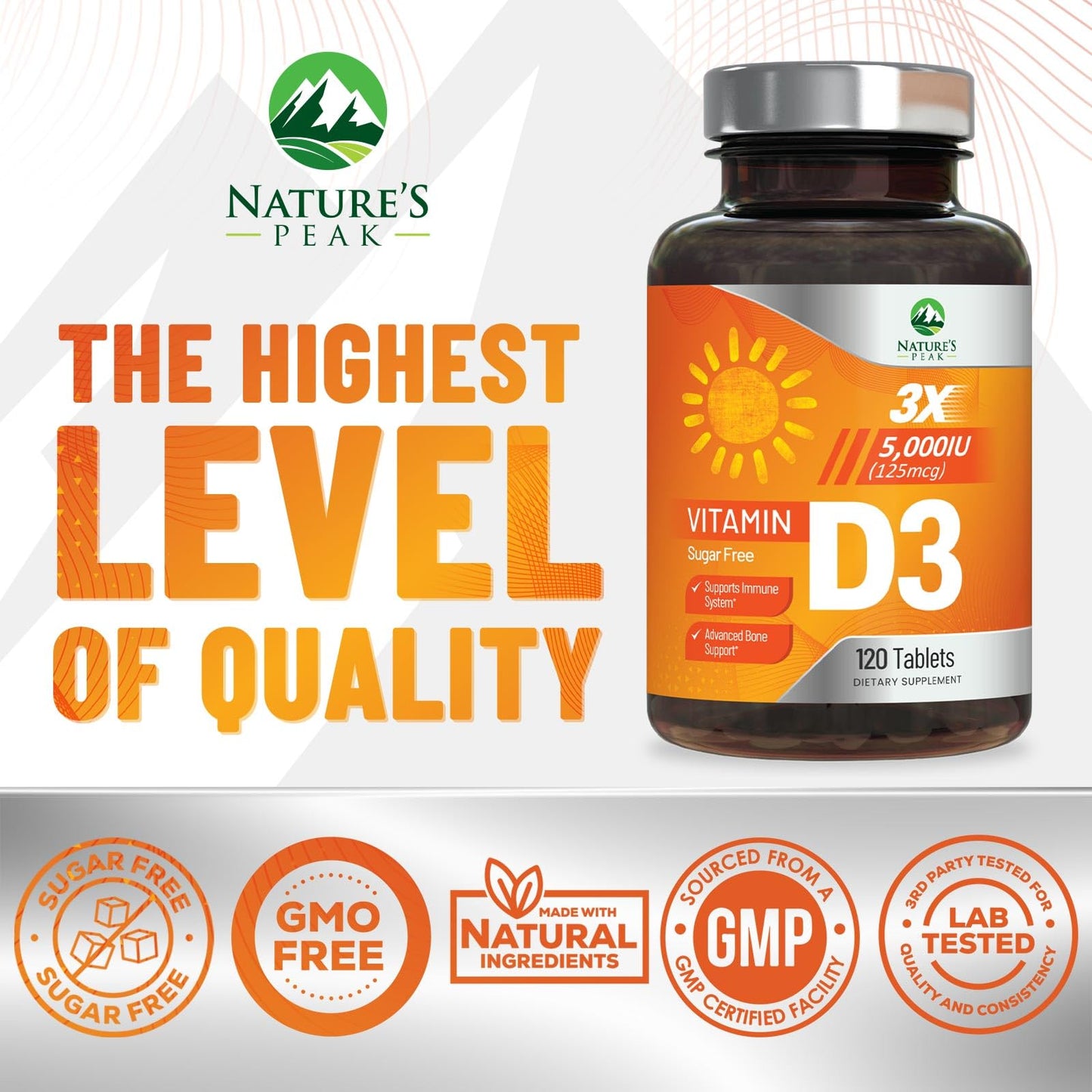 Nature's Peak Vitamin D3 5000iu (125 mcg) Per Serving - 3X Strength Immune Health Support Vitamin D Dietary Supplement for Bone, Teeth, Muscle - Vit D, Vegan, Gluten Free, Raspberry Flavor - 120 Chewable Tablets