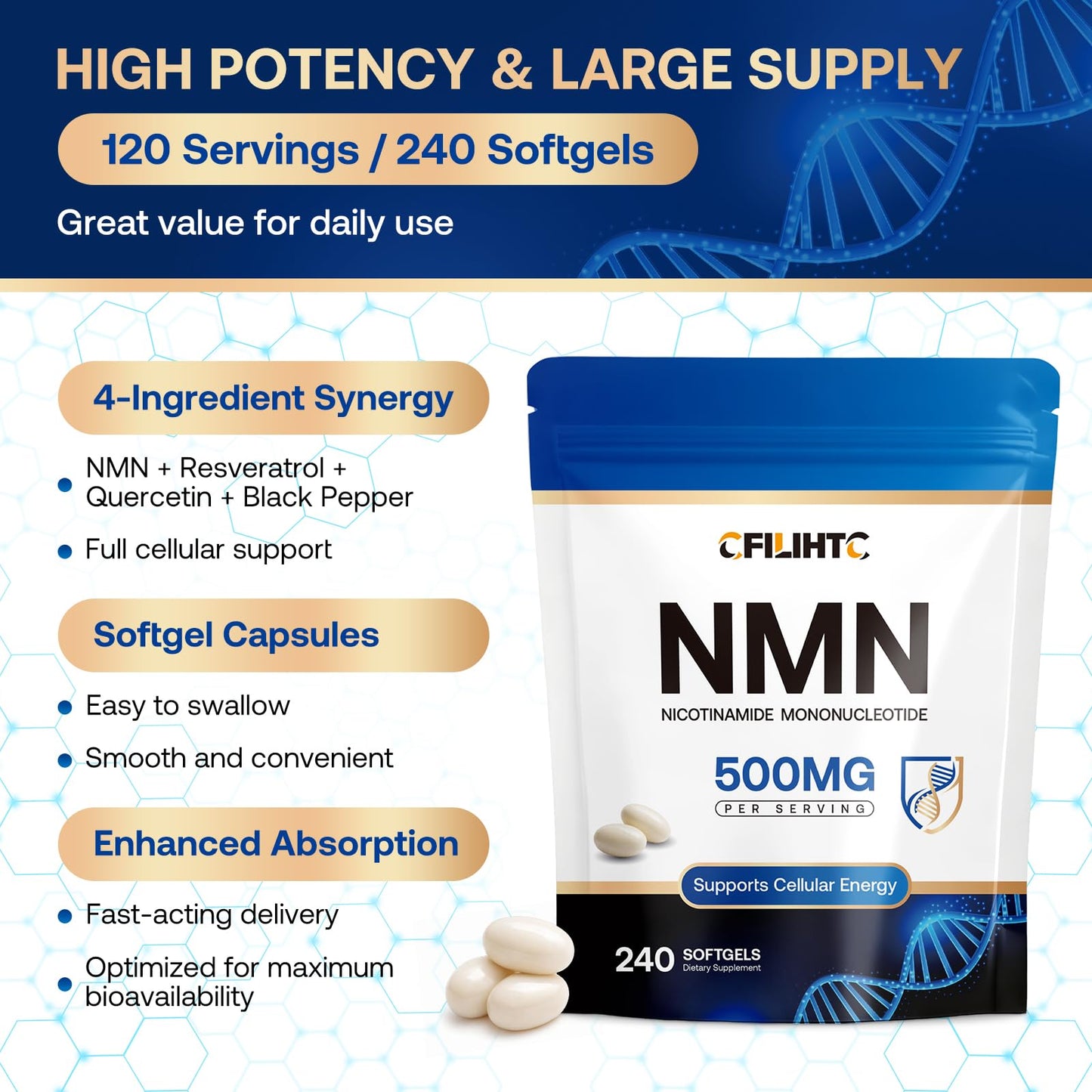 CFILIHTC NMN Supplement 500mg - NMN NAD Supplement with Trans-Resveratrol & Quercetin - Nicotinamide Mononucleotide for Cellular Support & Vitality, 240 Capsules