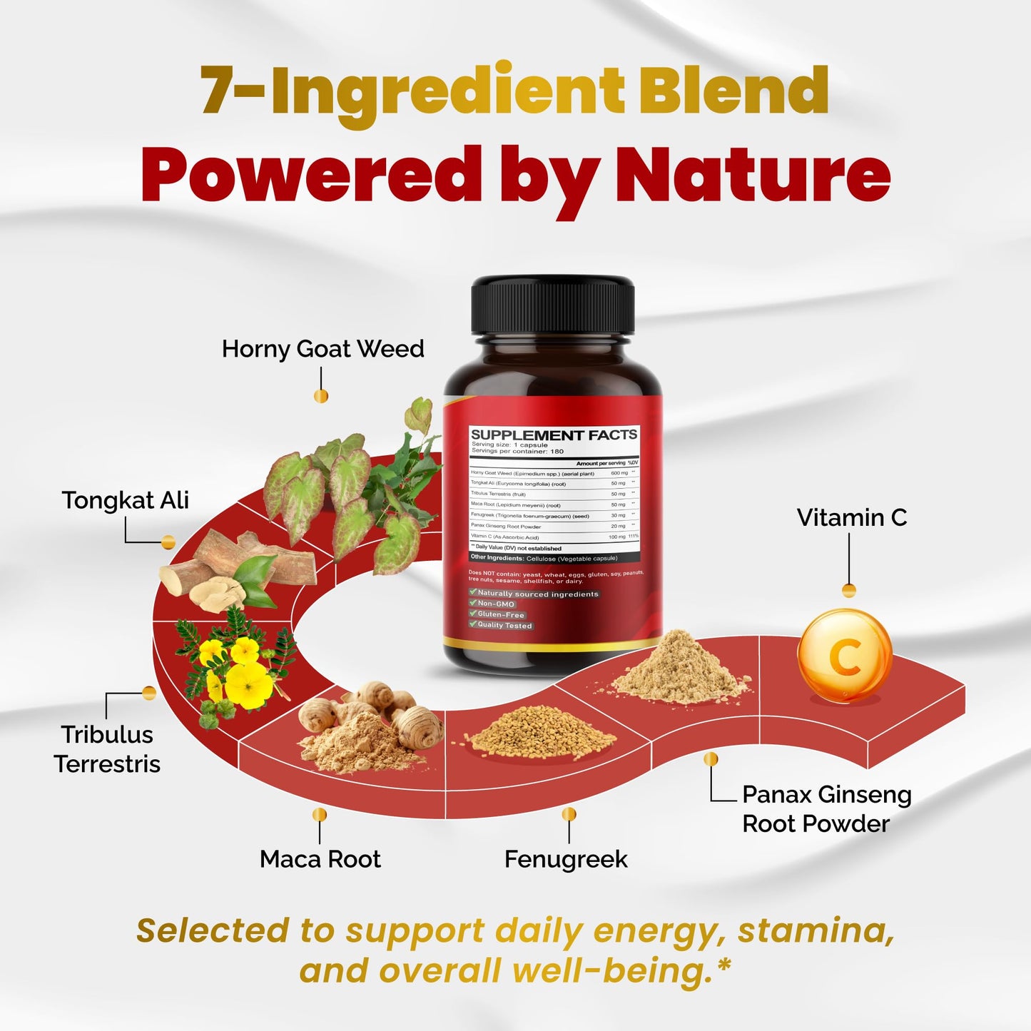 VEGATOT Horny Goat Weed with Yohimbine, Tongkat Ali, Maca, Tribulus & Panax Ginseng 8-in-1 Strength & Vitality Support, 180 Capsules