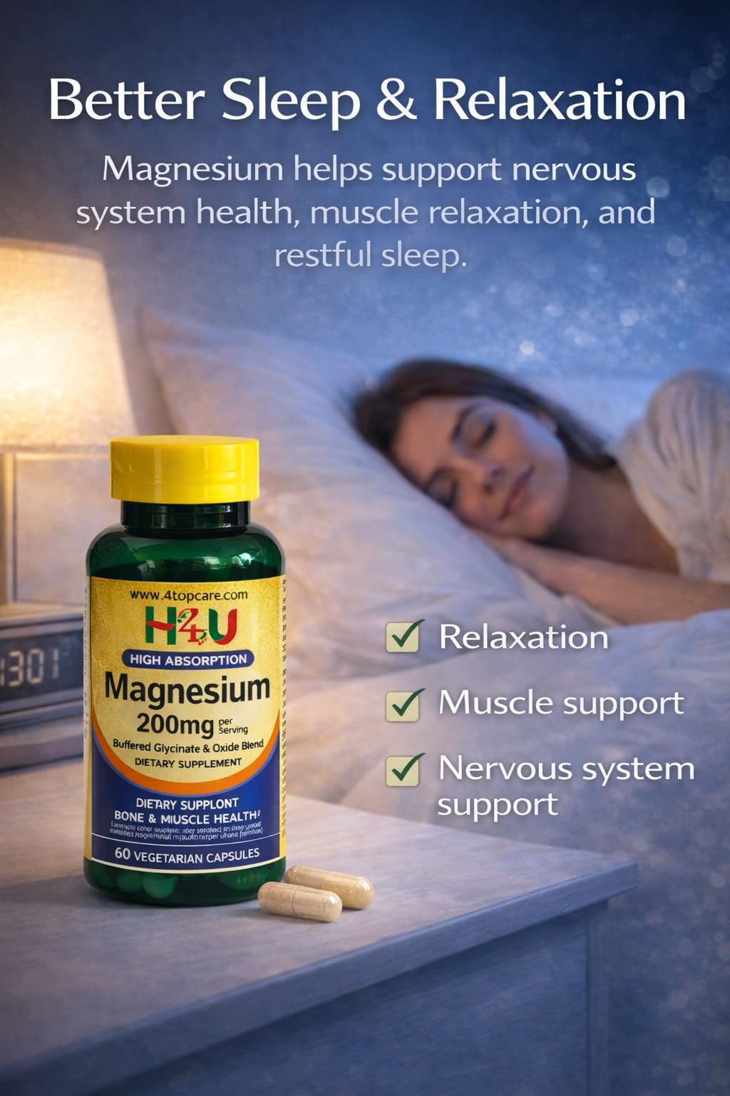 H4U Magnesium Complex 200mg Capsules, 60 Count