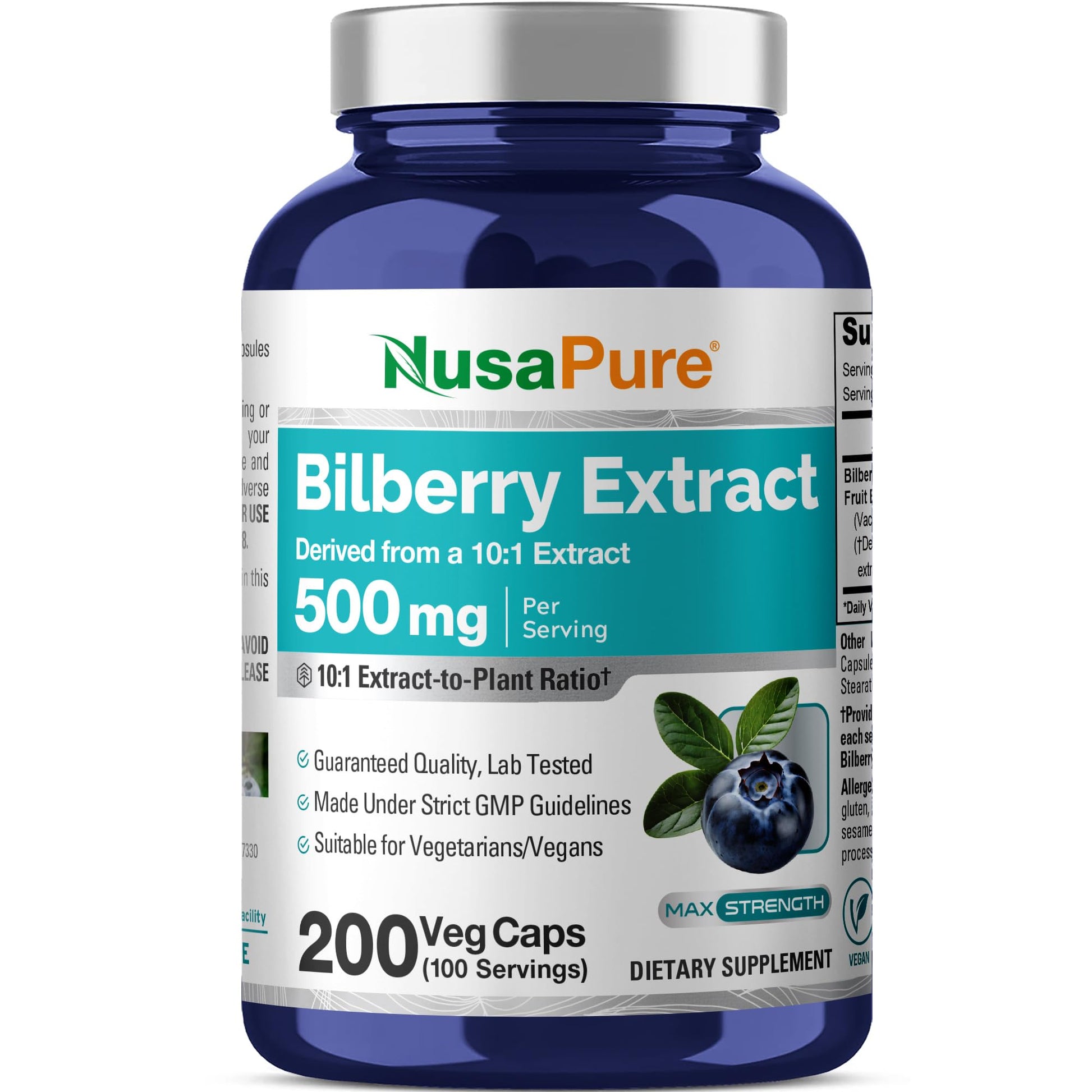NusaPure Bilberry 500 mg Capsules, 200 Count