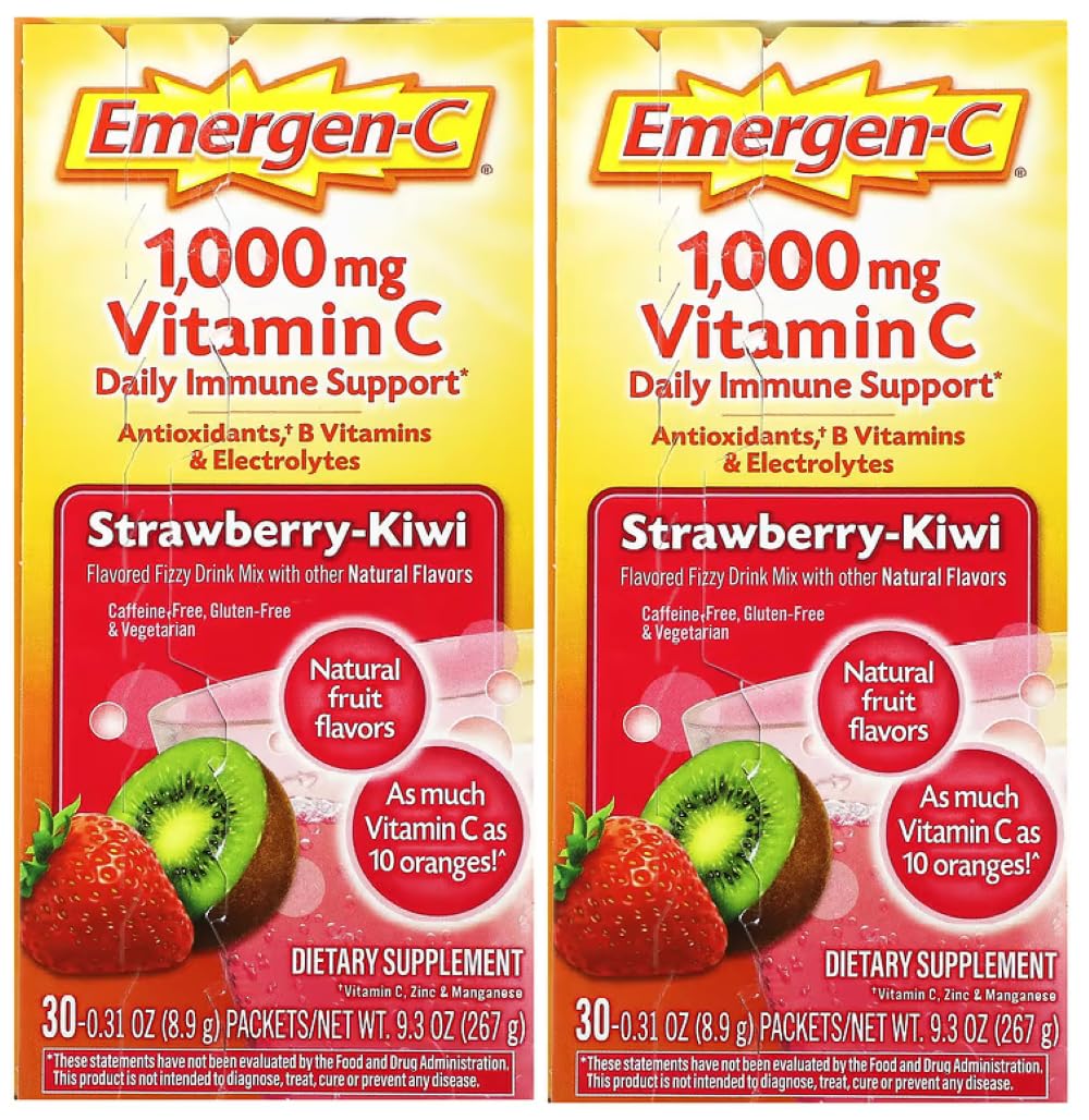 Emergen-C 1000mg Vitamin C Powder, Strawberry Kiwi Flavor, Immune Support, 30 Count (Pack of 2)