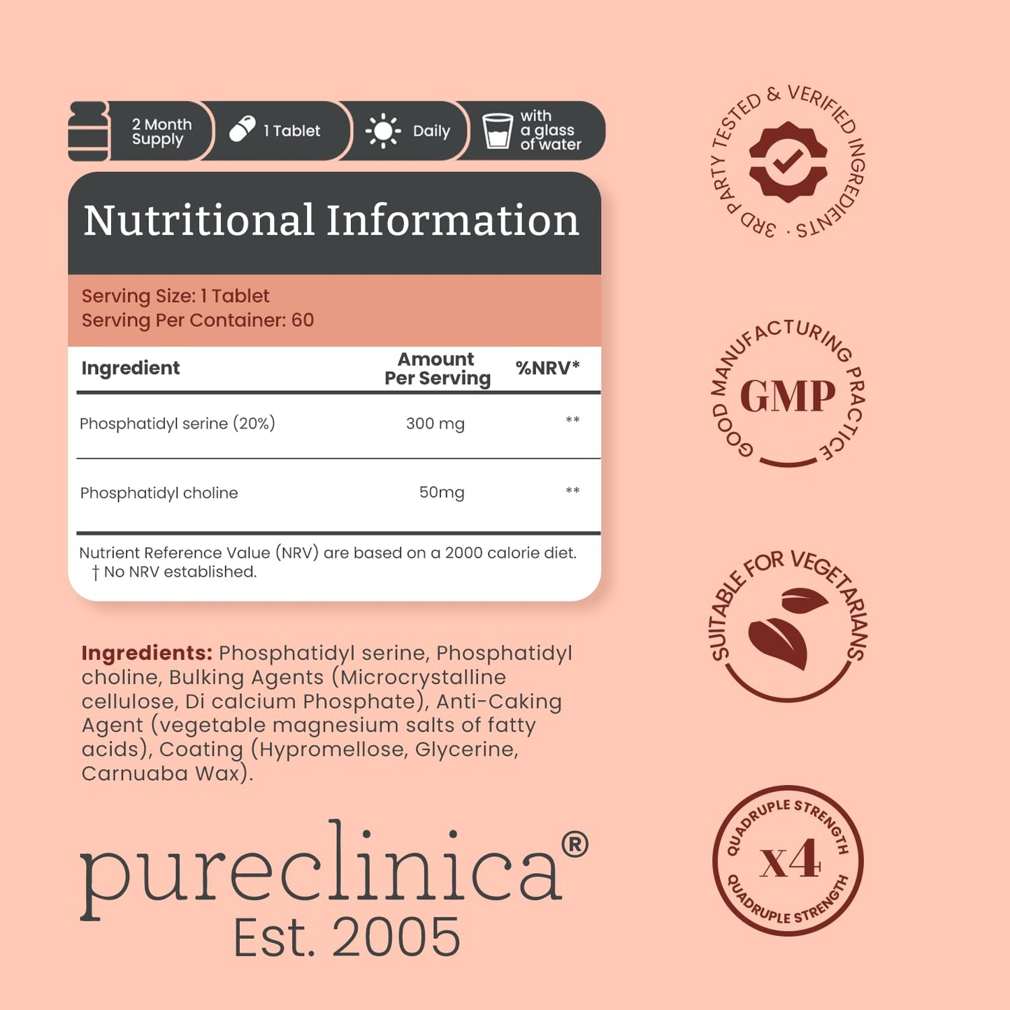 pureclinica Triple Strength Phosphatydyl Serine and Phosphatidyl Choline 60 Tablets