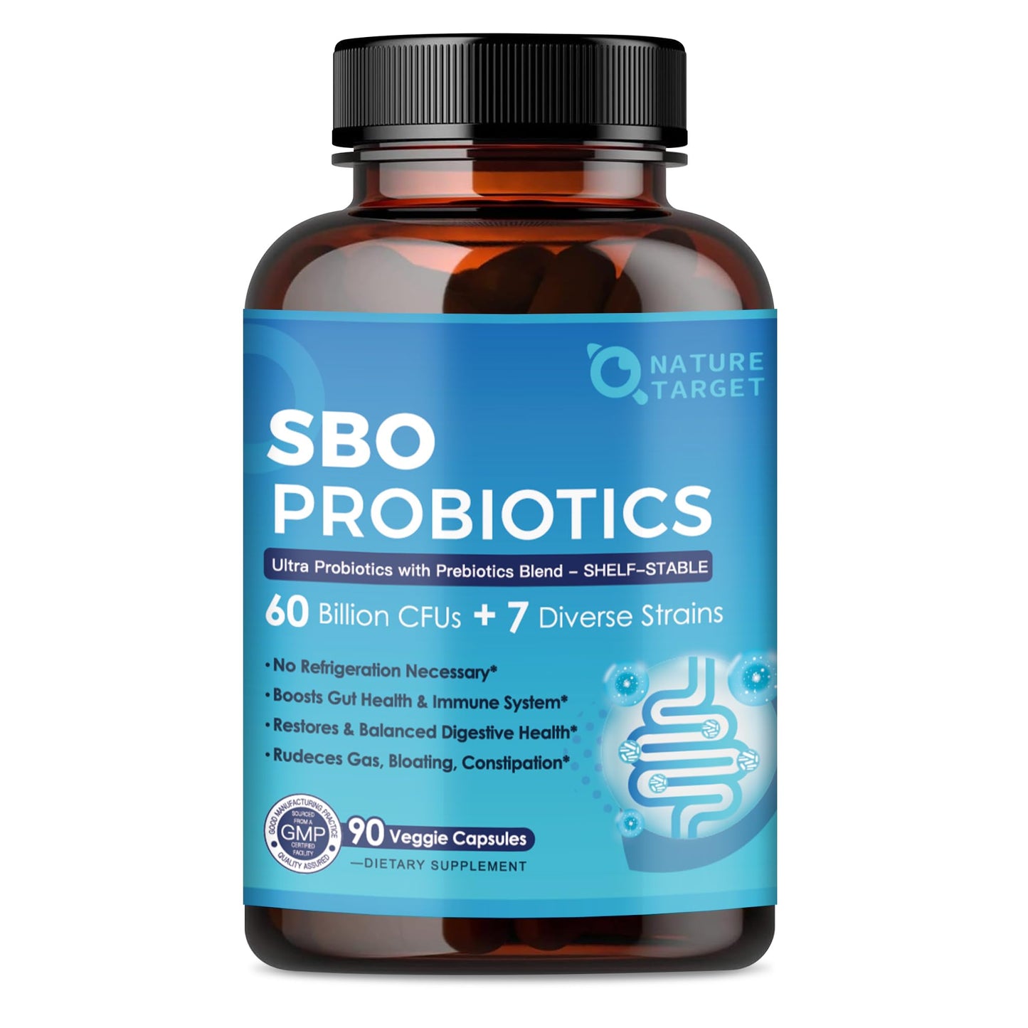 Nature Target Probiotics for Women & Men 60 Billion CFU with Prebiotics SBO Probiotics for Digestive Health, Gas & Bloating, 90 Capsules