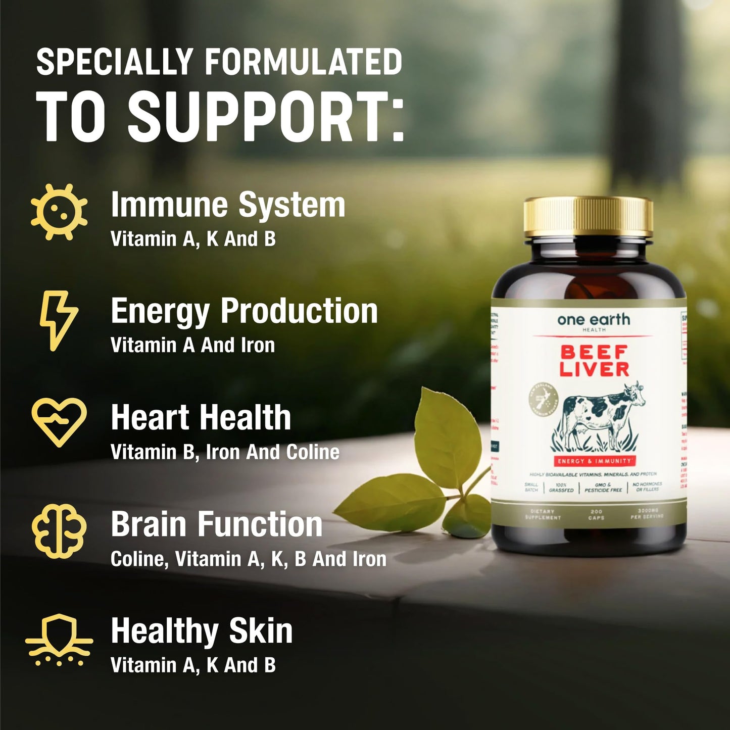One Earth Health Grass-Fed Beef Liver Capsules 3,000mg Desiccated New Zealand Liver with Heme Iron, B12 & Folate, 200 Capsules