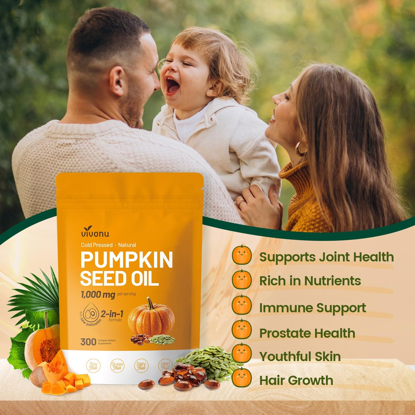 VivoNu Pumpkin Seed Oil with Saw Palmetto Softgels 300 Count