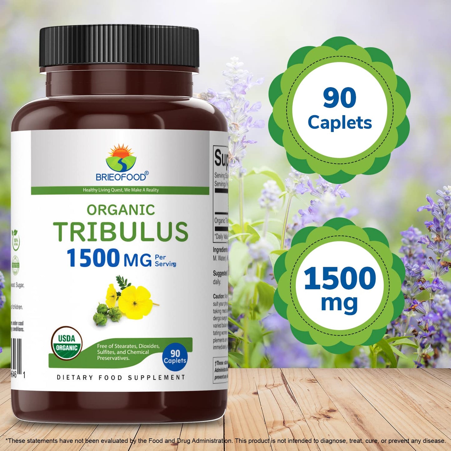 Brieofood Organic Tribulus 1500mg Tablets, 180 Count