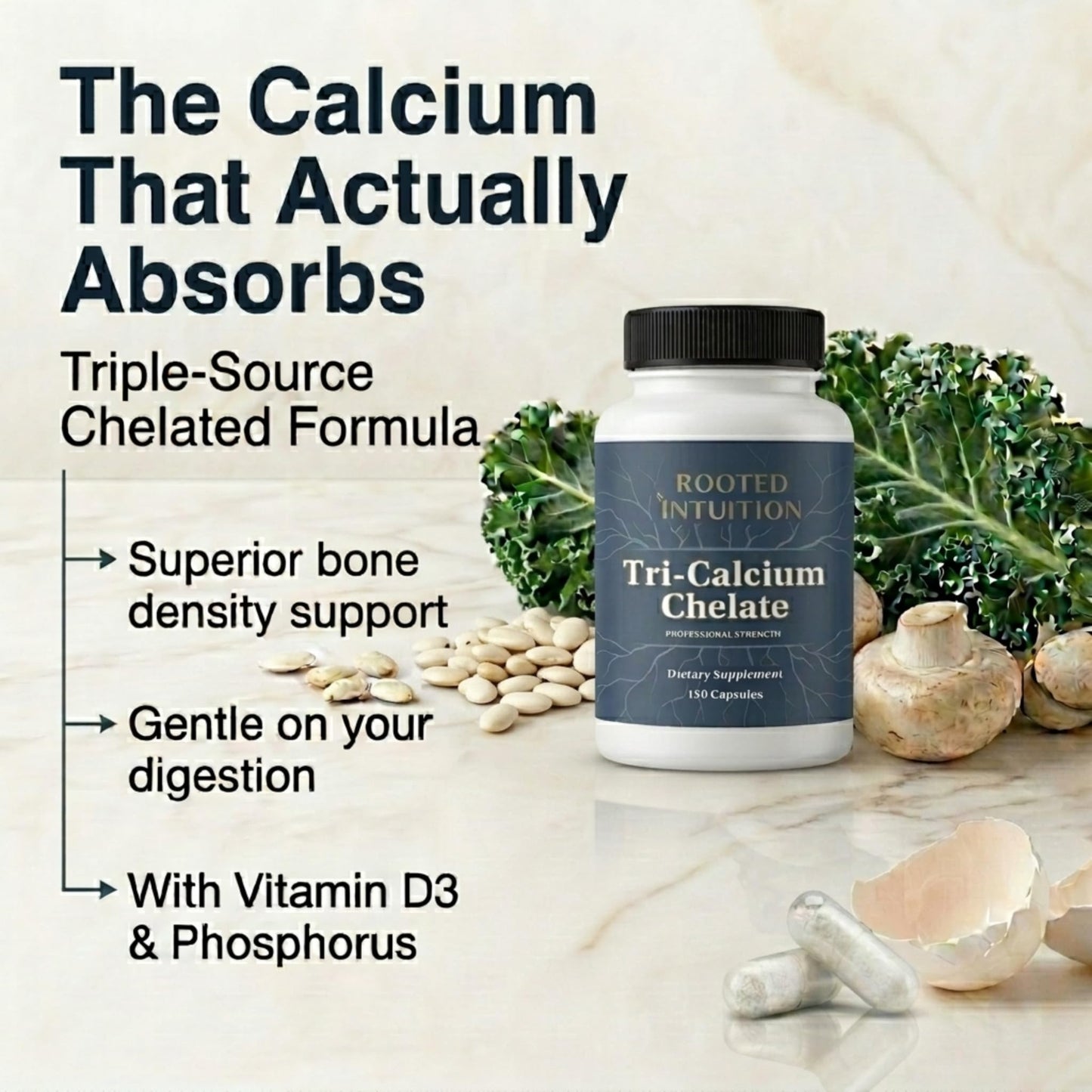 Rooted Intuition Calcium Supplement 500 mg with Vitamin D3 Capsule, 180 Count