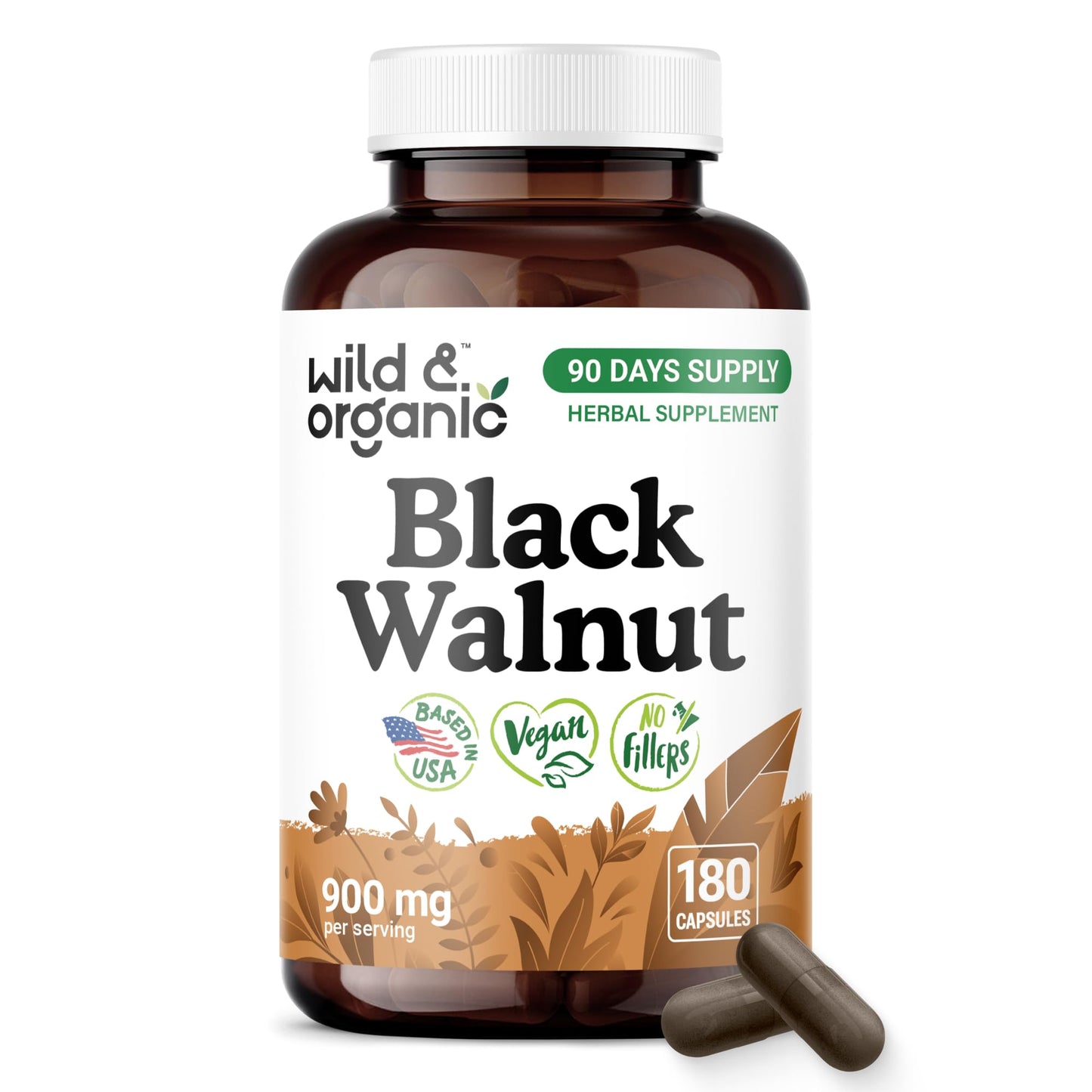 Wild & Organic Black Walnut Hull 900 mg, 180 Capsules
