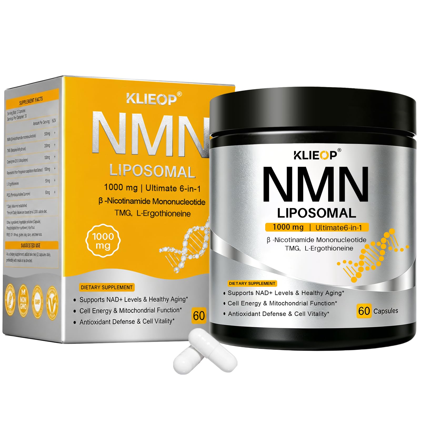 klieop NMN Supplement 1000mg with CoQ10, Resveratrol & PQQ 6-in-1 Liposomal NAD+ Booster for Cellular Energy & Vitality, 60 Capsules
