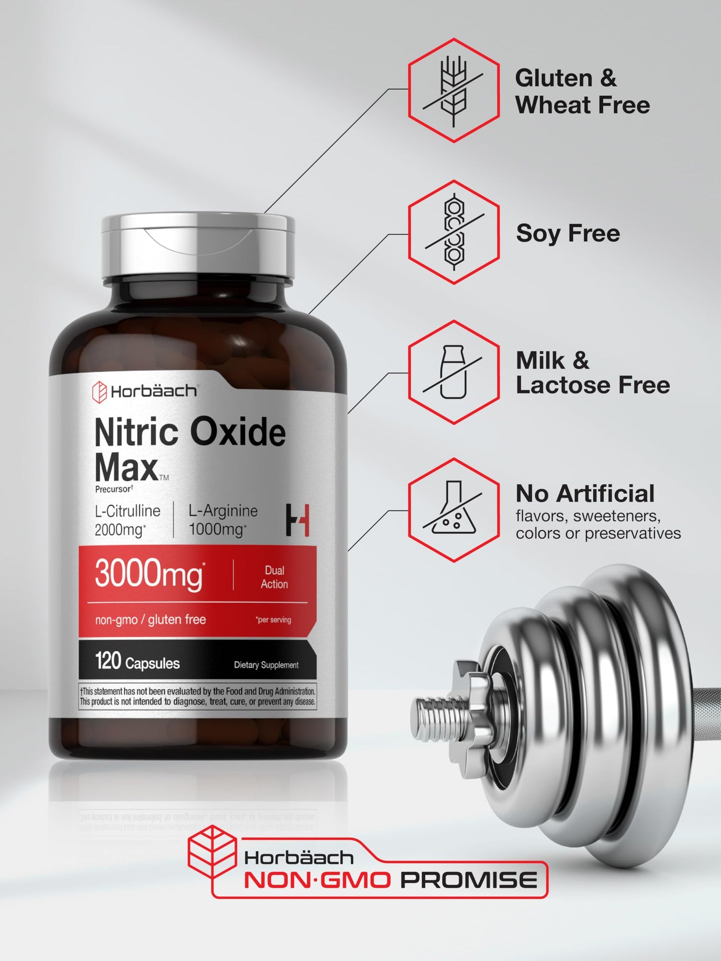 Horbäach Nitric Oxide Supplement 3000mg Capsules 120 Count