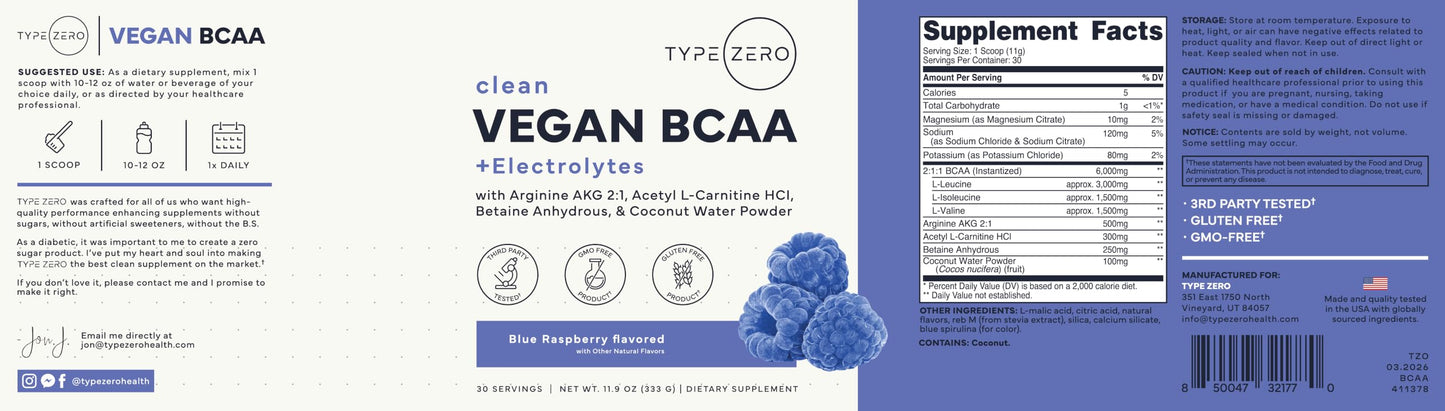 Type Zero Ultra Clean Vegan BCAA + Electrolytes (Blue Raspberry) Powder 11.9 Ounces