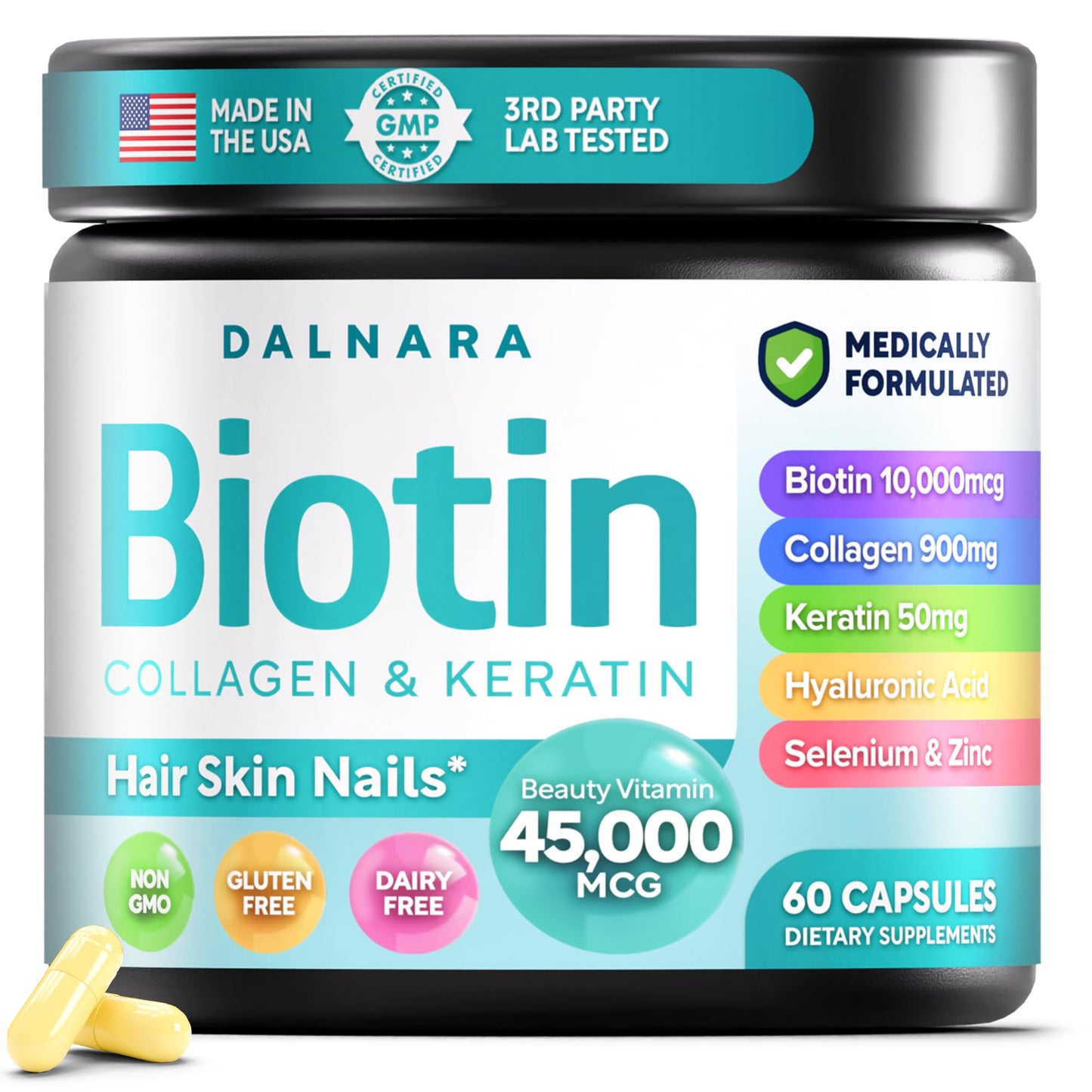 Dalnara Biotin Collagen & Keratin – Hair, Skin & Nails Vitamins, 45,000 MCG Vitamin Complex (A, B1, B2, B3, B6, B7, C & E) – Biotin for Hair Growth for Women & Men, Capsules, 120 Capsules