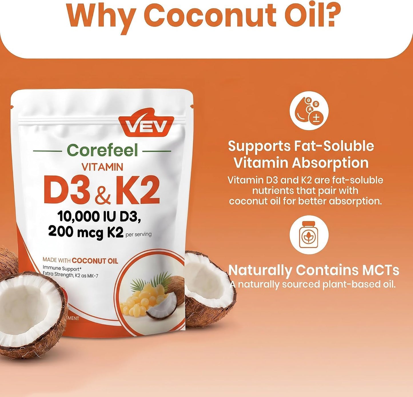 VEV Vitamin D3 K2 10,000 IU, 200 mcg MK-7, 300 Softgels