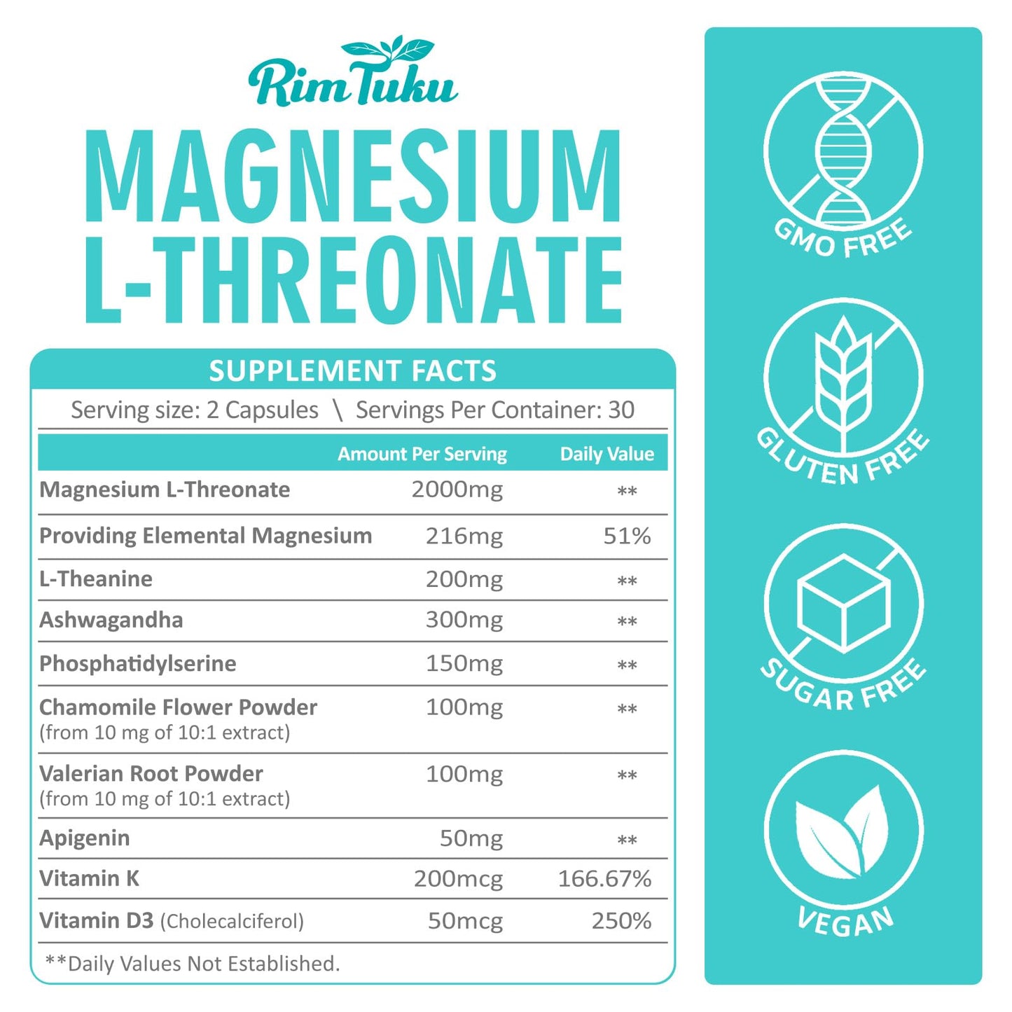RimTuku Magnesium L-Threonate 2000mg High-Absorption Magnesium Threonate Capsules, 60 Count