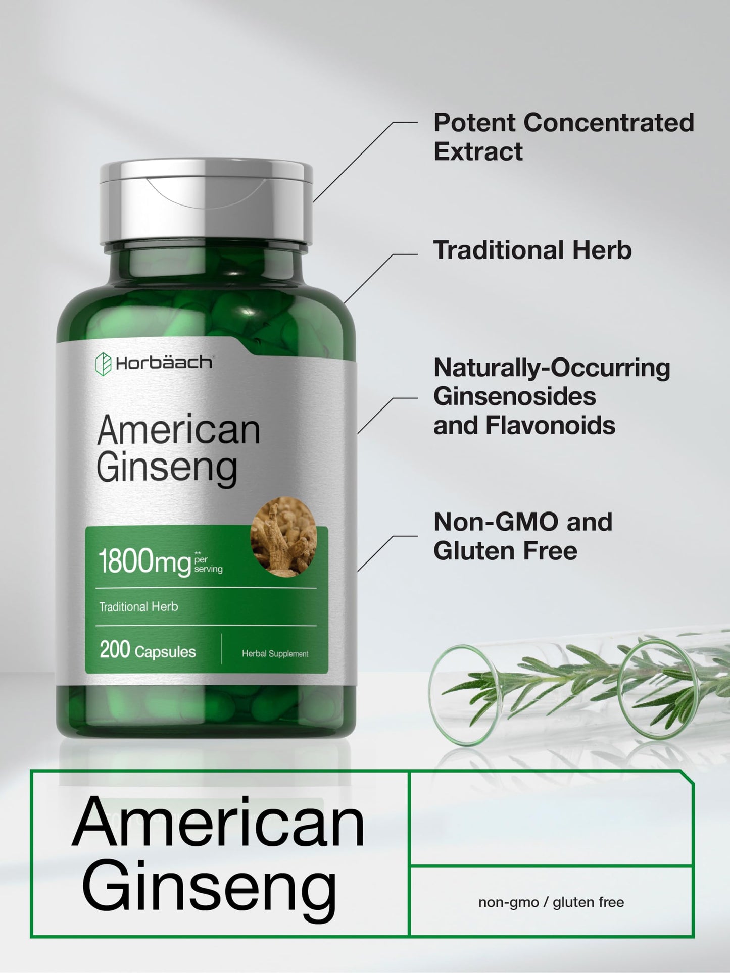 Horbäach American Ginseng Capsules, 200 Count