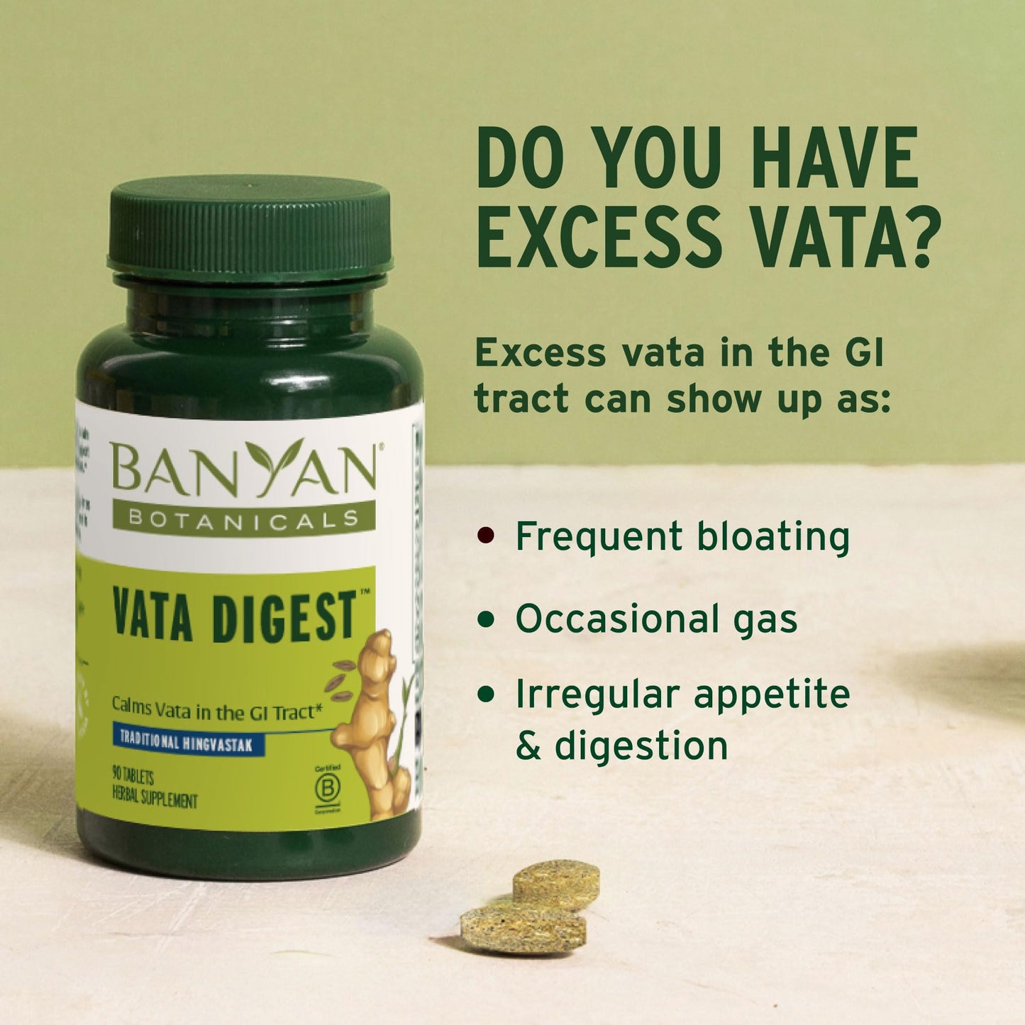 Banyan Botanicals Organic Vata Digest – Warming Digestive Support Supplement – Herbal Bloat & Gas Relief with Ginger, Cumin & Ajwan – 90 Tablets