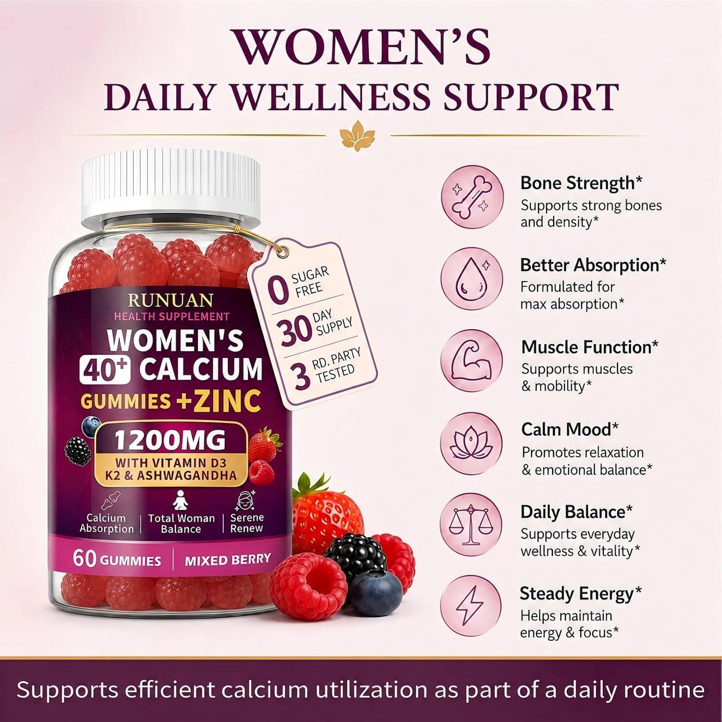 RUNUAN Calcium Gummies 1200mg with Magnesium, Zinc, D3, K2, B12, B6 180 Count